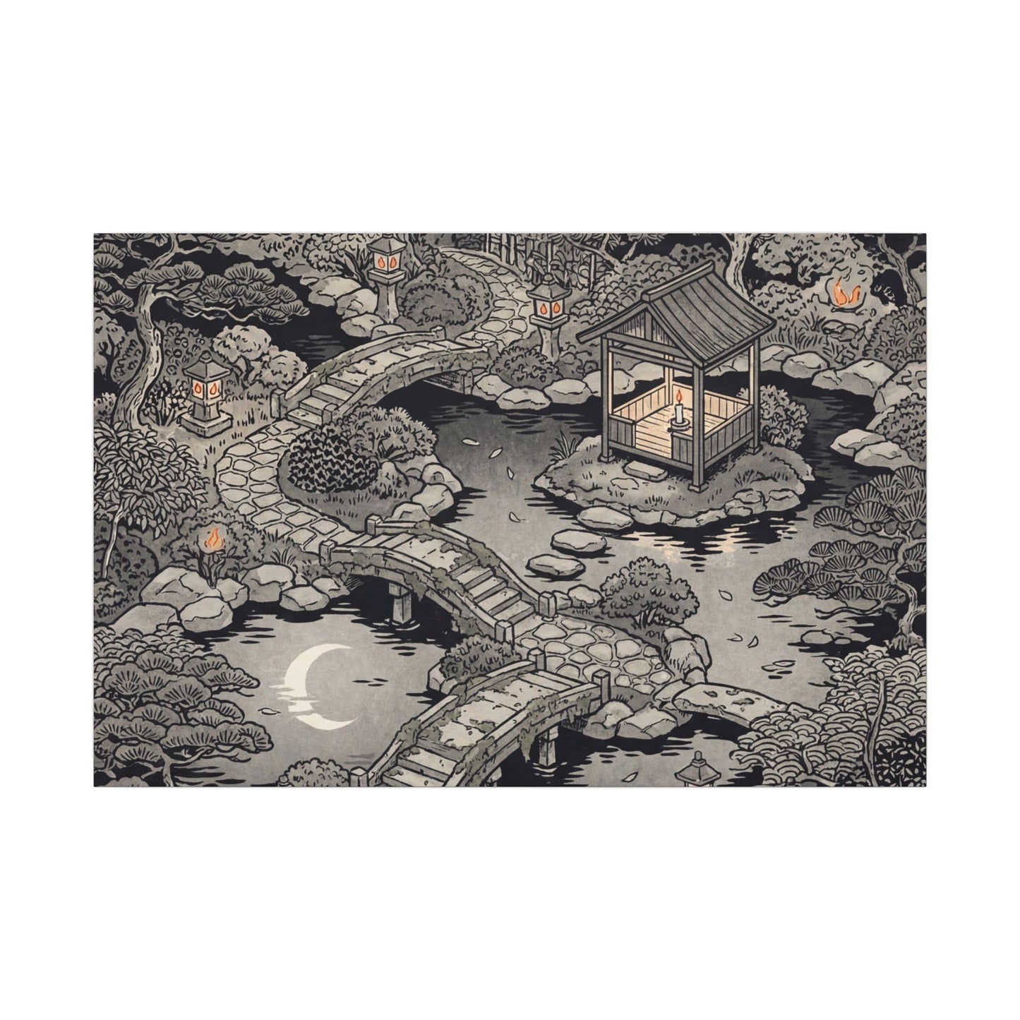 Moonlit Garden Ukiyo E Inspired Canvas Art | Serene Zen Art Art Print