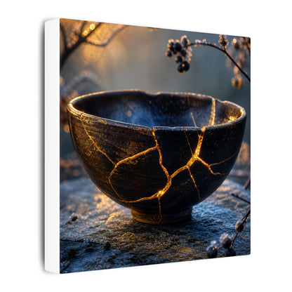 Ceramic Bowl Canvas Art | Winter Kintsugi Gold Repair Art