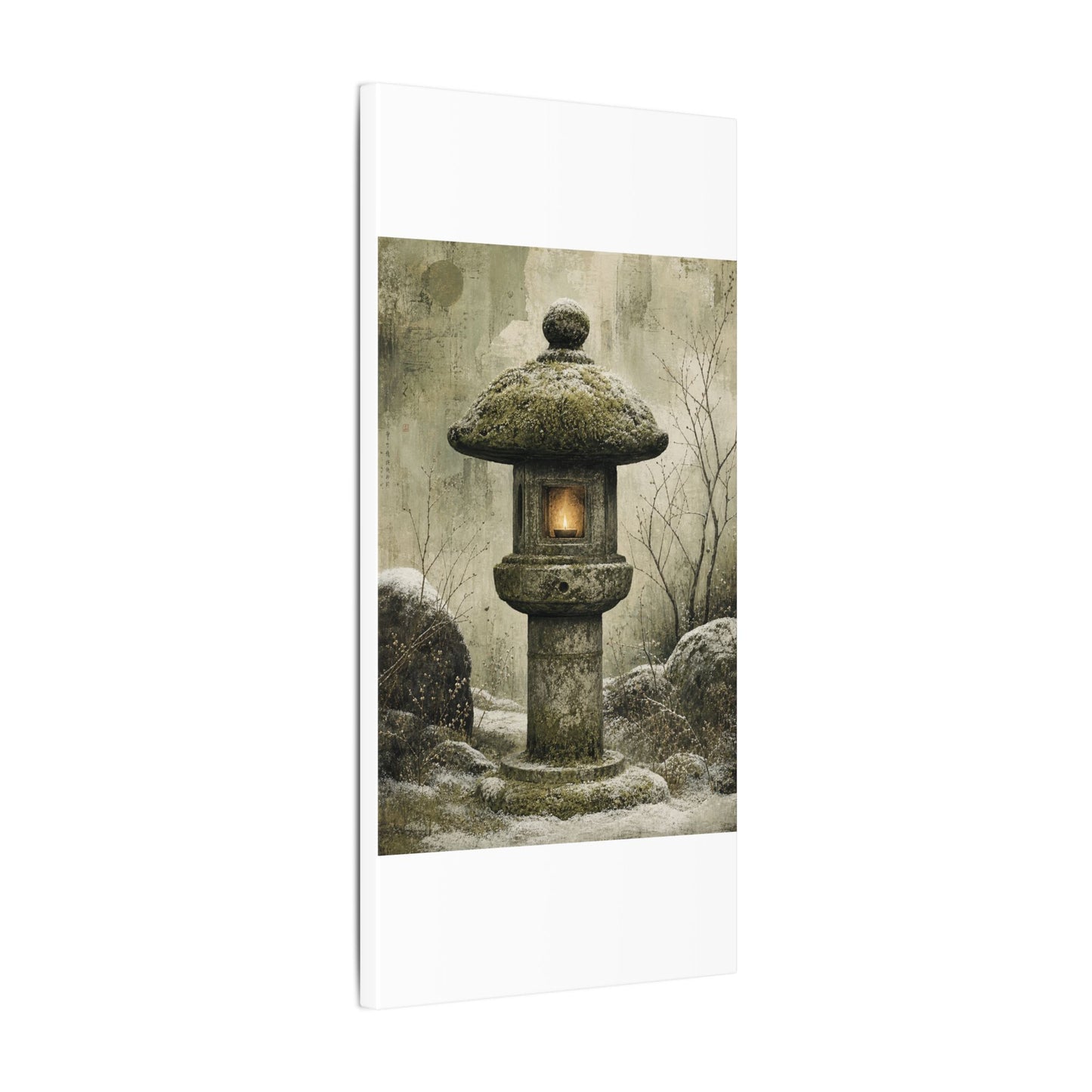 Stone Lantern Winter Canvas Art | Japandi Neutral Design