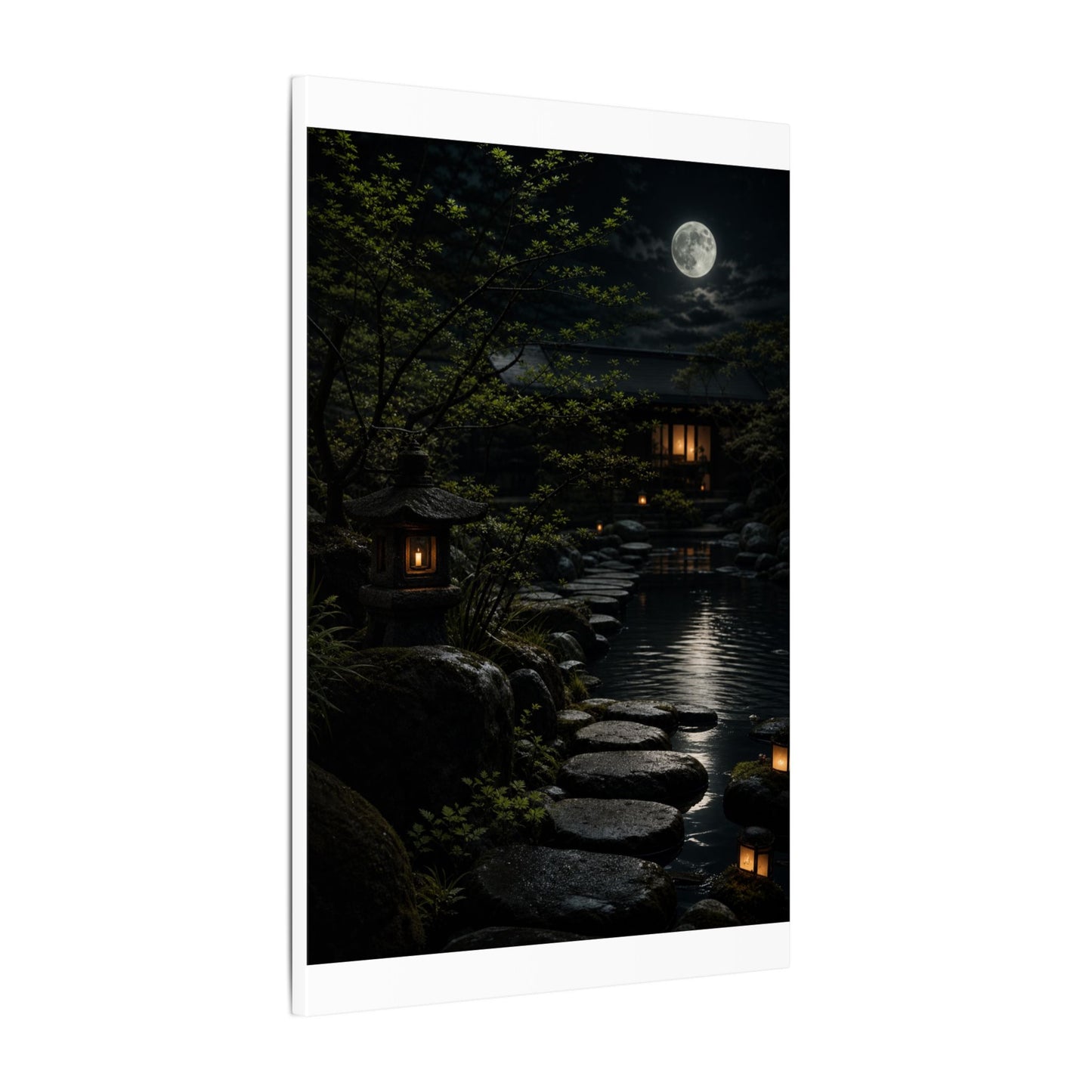 Moonlit Garden Shadow Zen Canvas Art | Sophisticated Dark Japandi Art