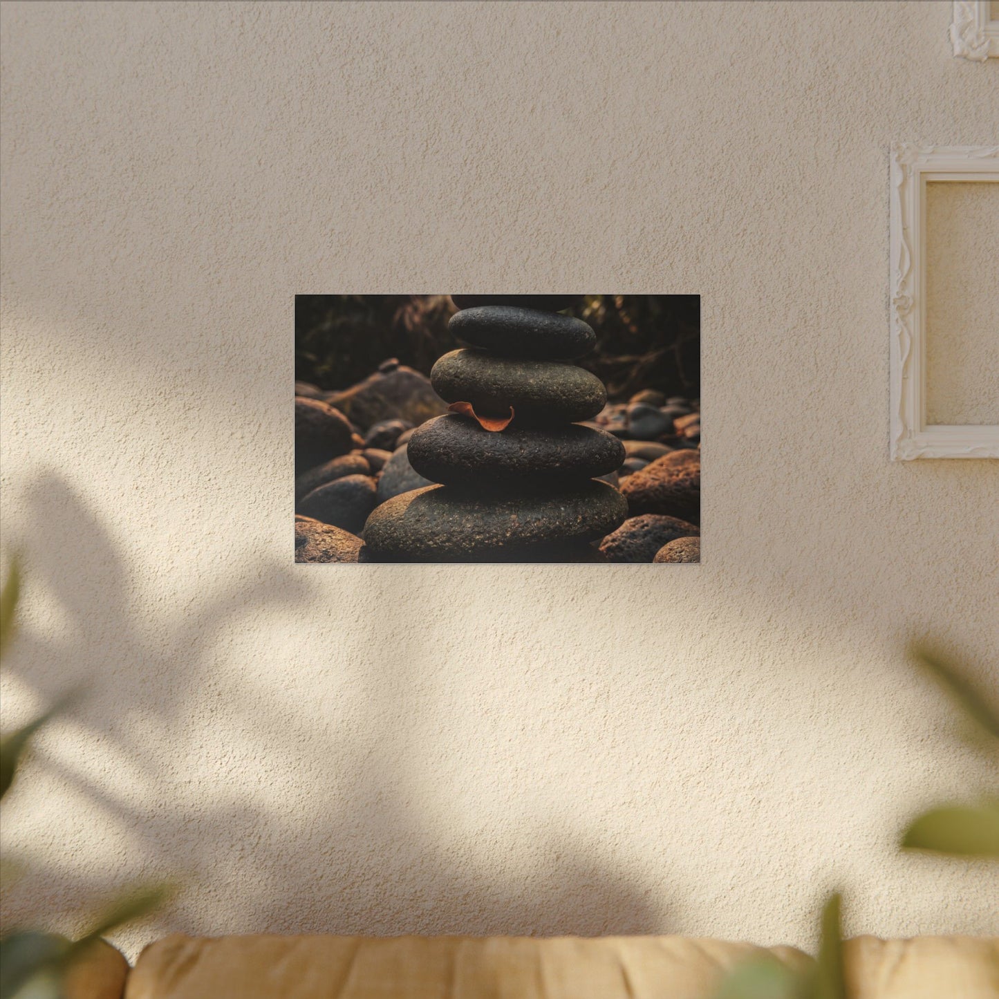 Dark Japandi River Stones in Golden Hour | Moody Minimal Canvas Art