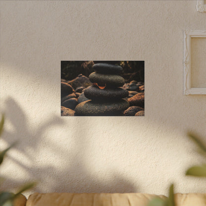 Dark Japandi River Stones in Golden Hour | Moody Minimal Canvas Art
