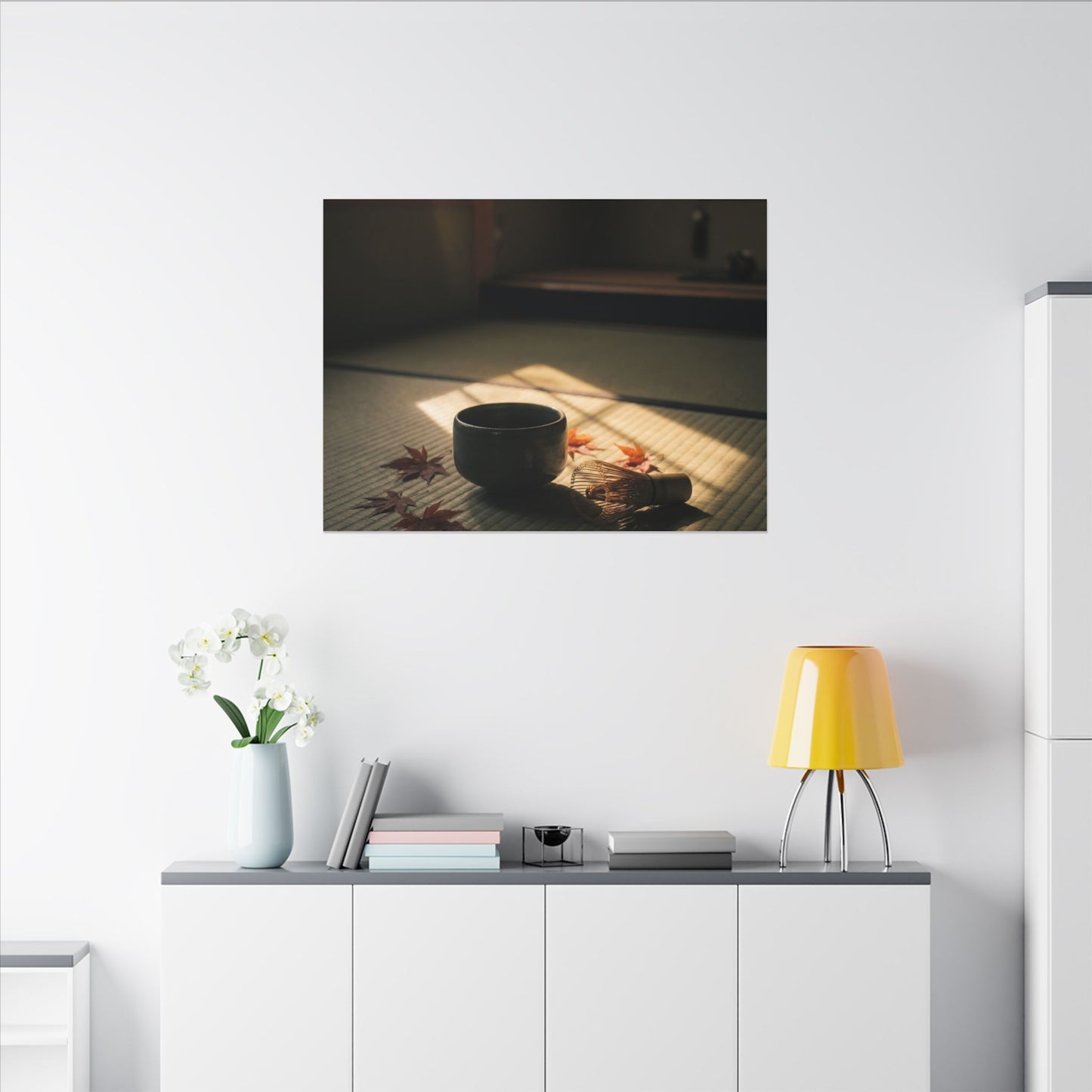 Dark Japandi Tea Ceremony in Golden Hour | Moody Minimal Canvas Art