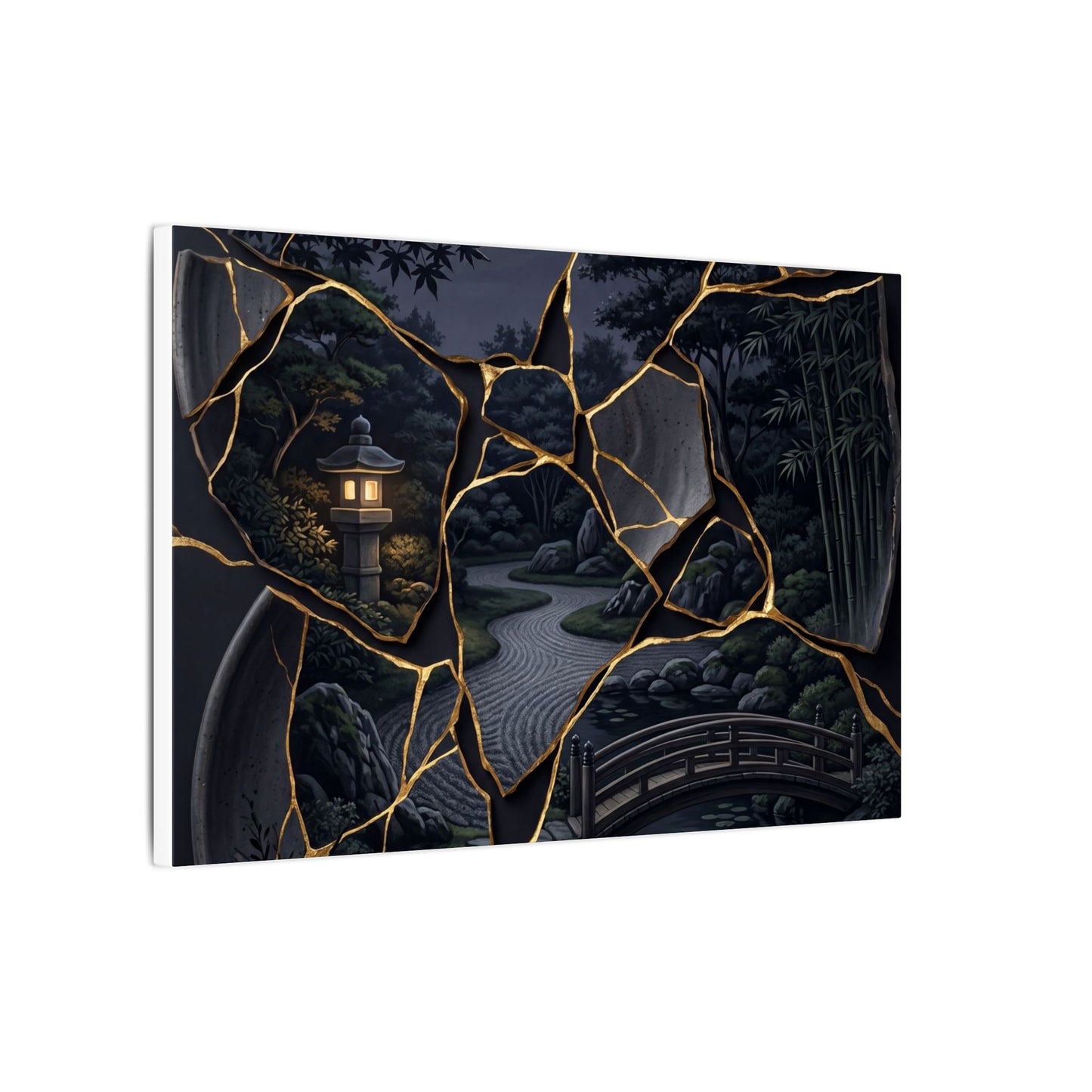 Kintsugi Moonlit Garden in Golden Hour | Gold Repair Canvas Art