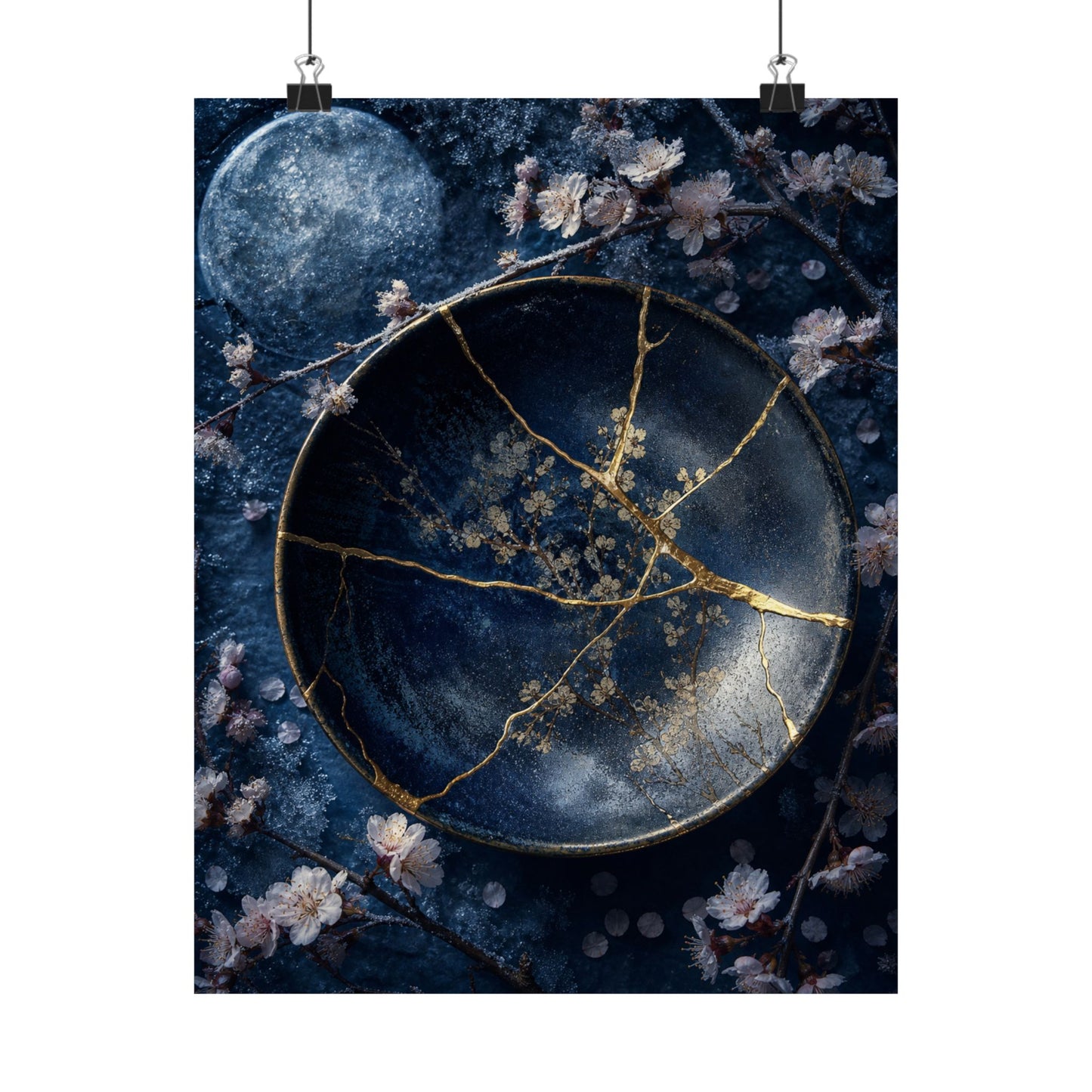 Kintsugi Cherry Blossom in Moonlight | Gold Repair Wall Art Print