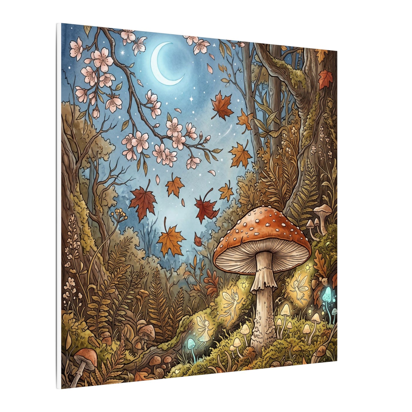 Autumn Cherry Blossom Mushroom Illustration Canvas Art | Enchanting Decor
