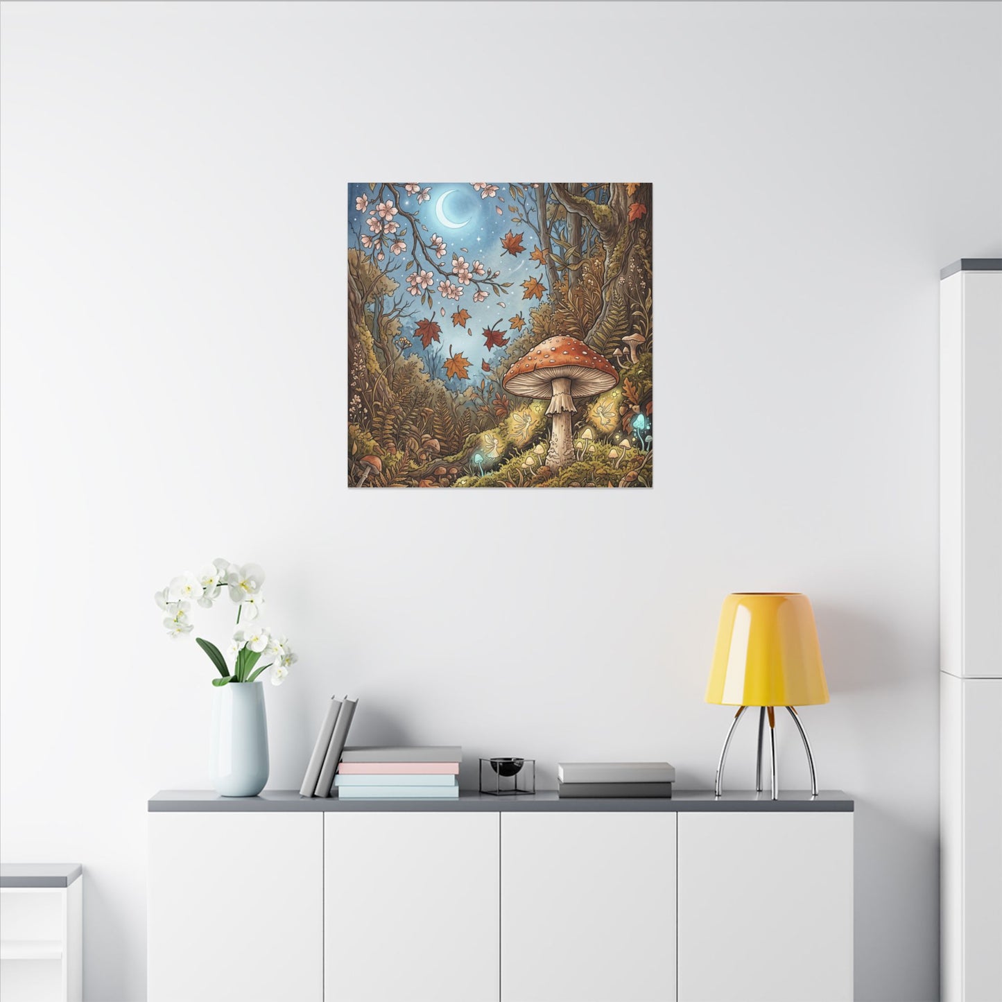 Autumn Cherry Blossom Mushroom Illustration Canvas Art | Enchanting Decor