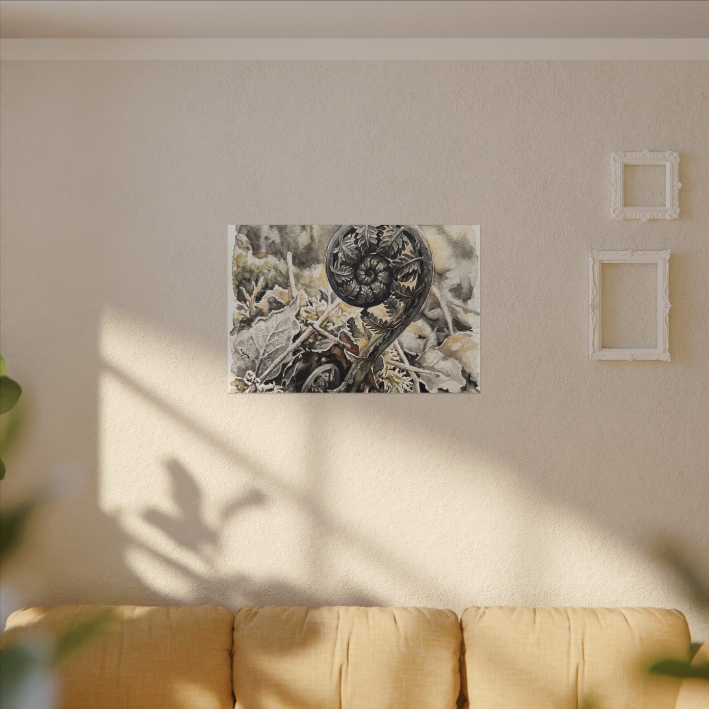 Japandi Fern Unfurling in Golden Hour | Watercolor Canvas Art