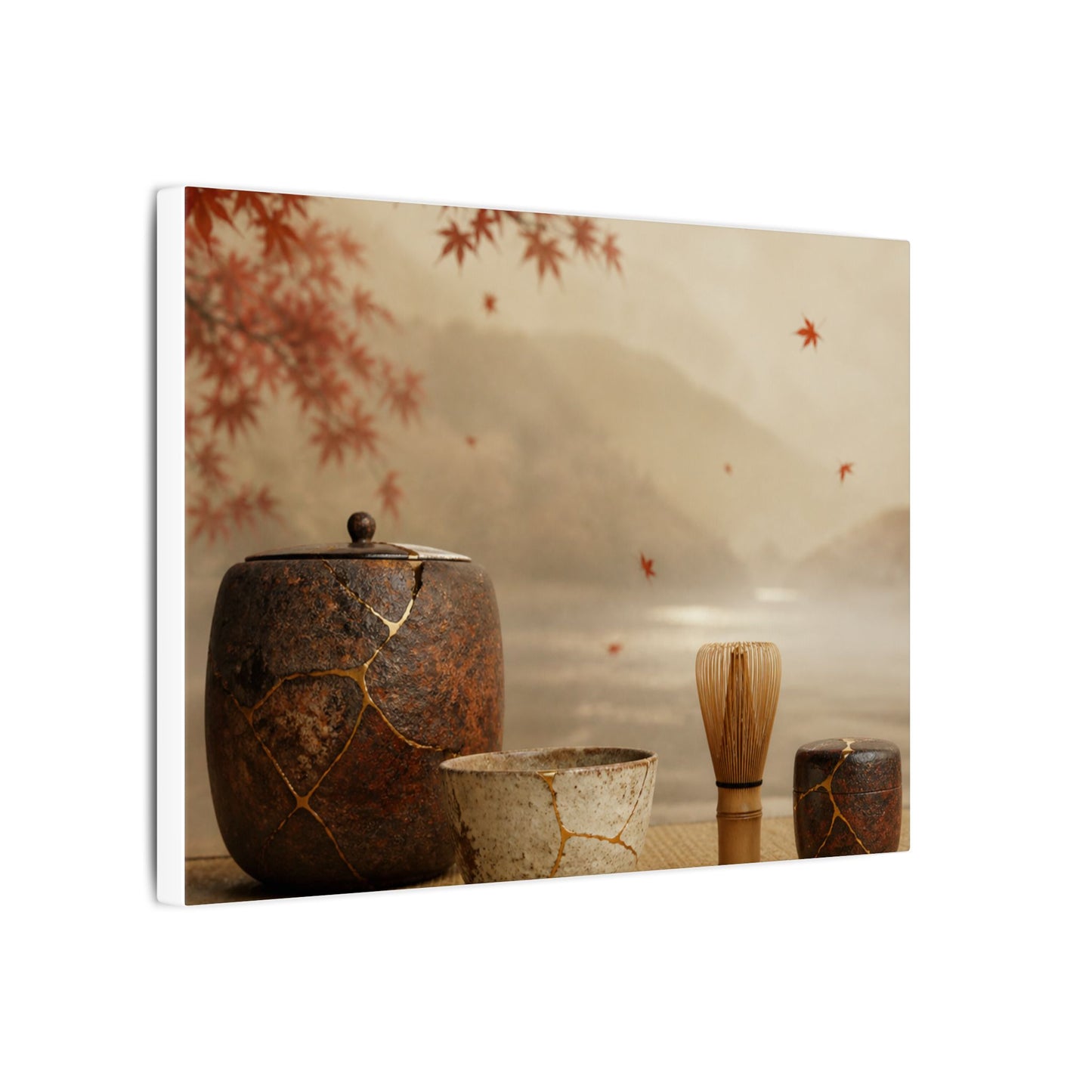 Tea Ceremony Canvas Art | Autumn Kintsugi Gold Vein Art