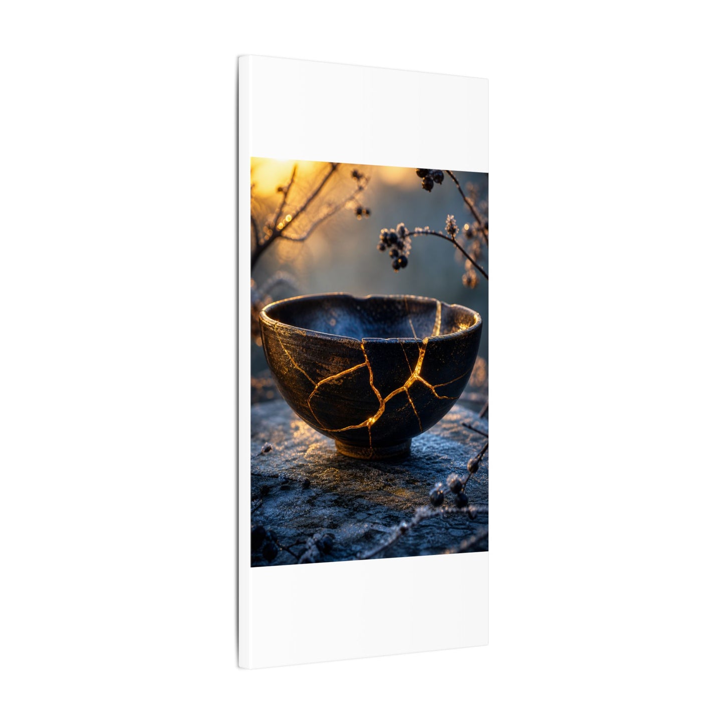 Ceramic Bowl Canvas Art | Winter Kintsugi Gold Repair Art