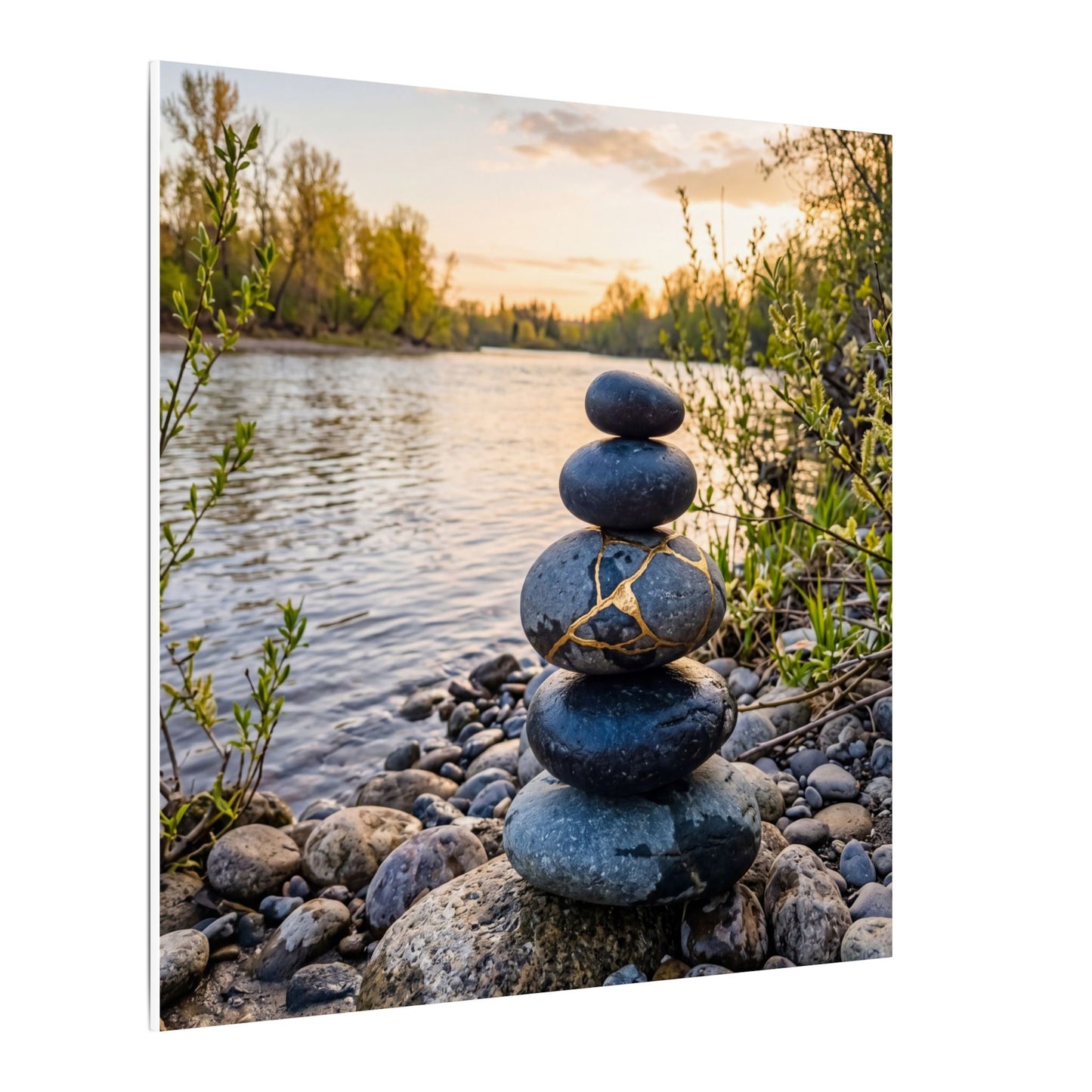 Kintsugi River Stones in Golden Hour | Gold Vein Canvas Art