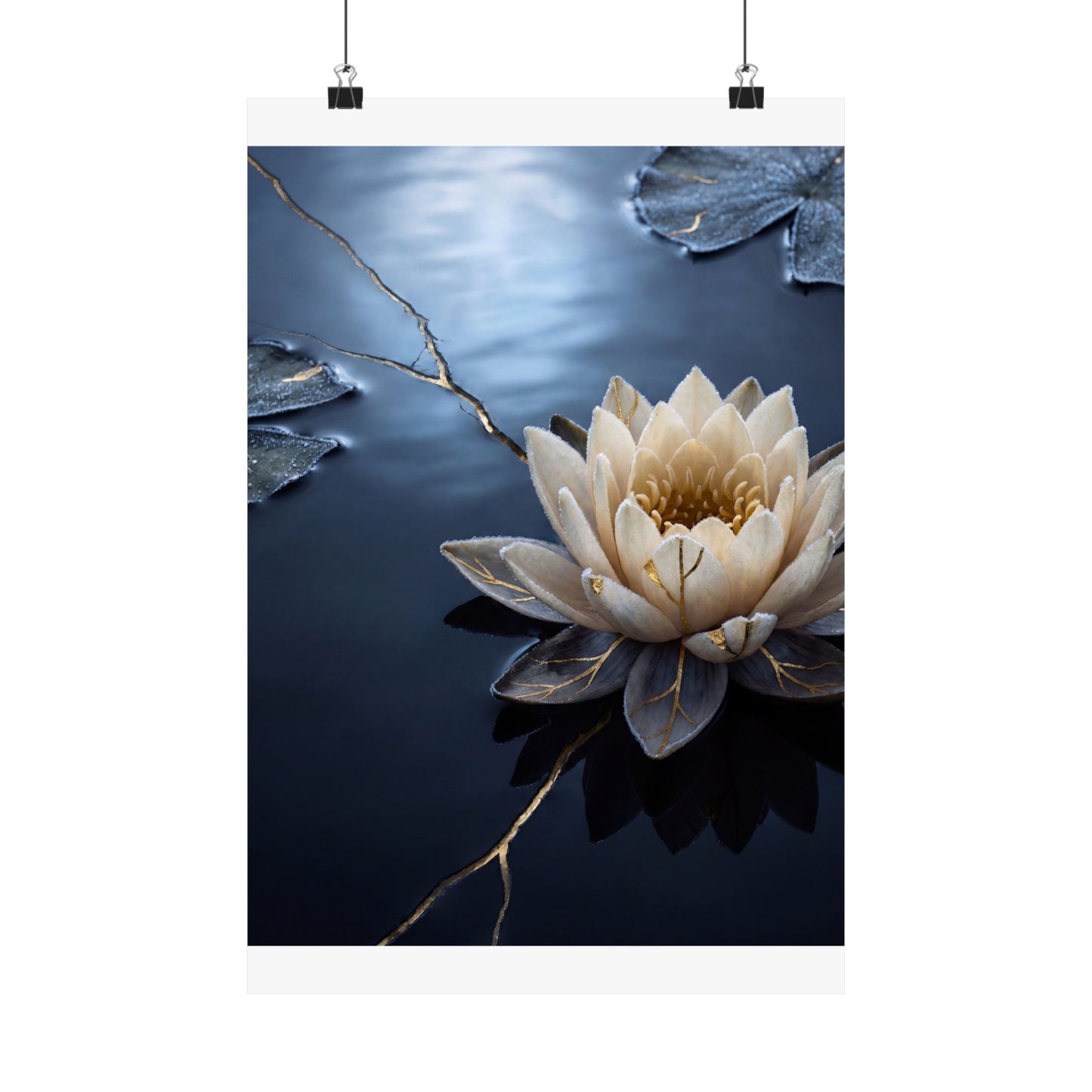 Winter Lotus Flower Gold Vein Wall Art Print | Resilient Decor