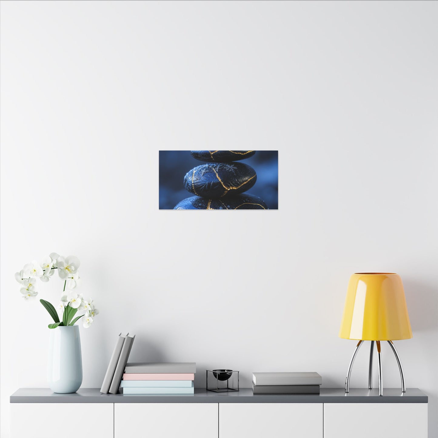 River Stones Canvas Art | Winter Kintsugi Gold Repair Art