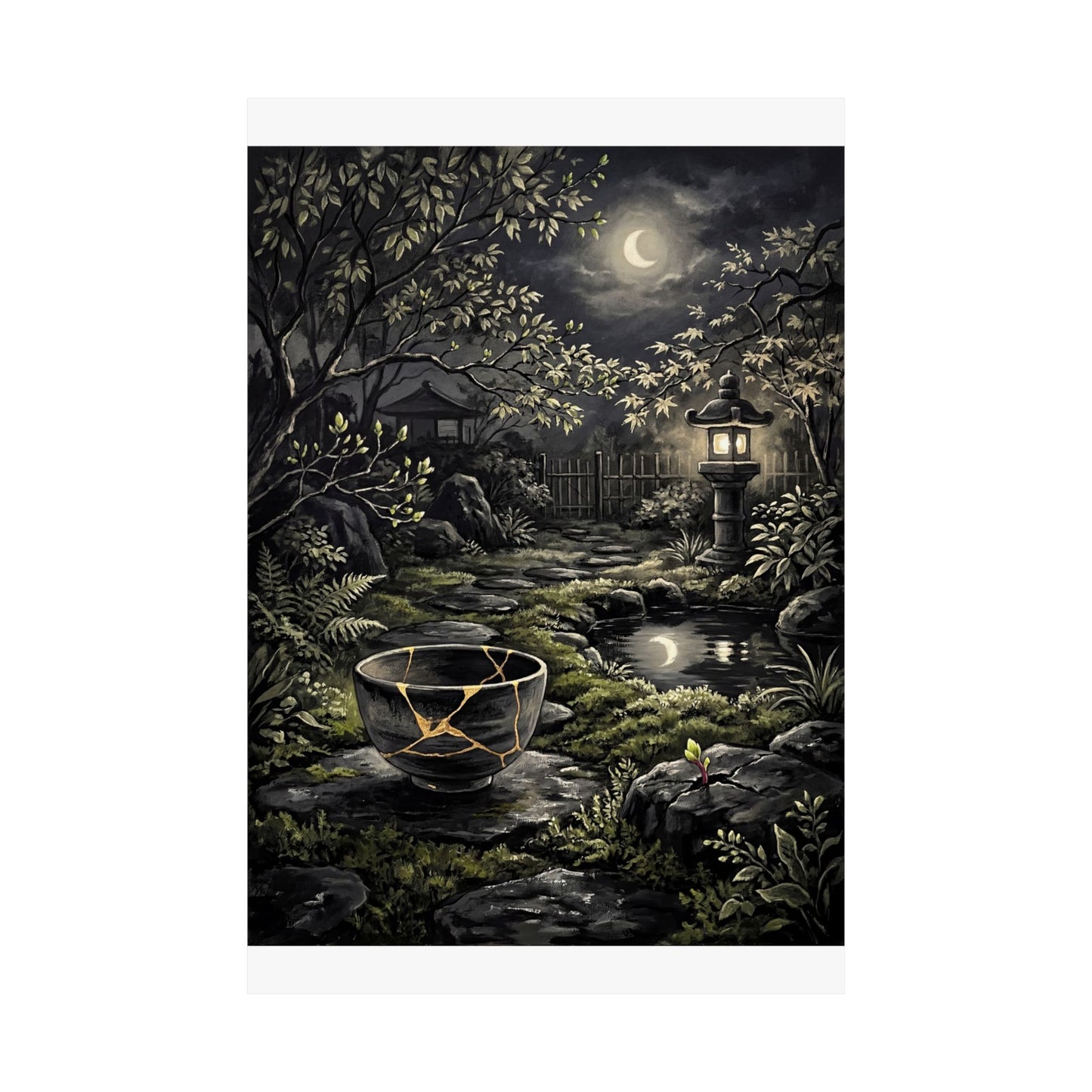 Kintsugi Moonlit Garden in Dappled | Gold Repair Wall Art Print