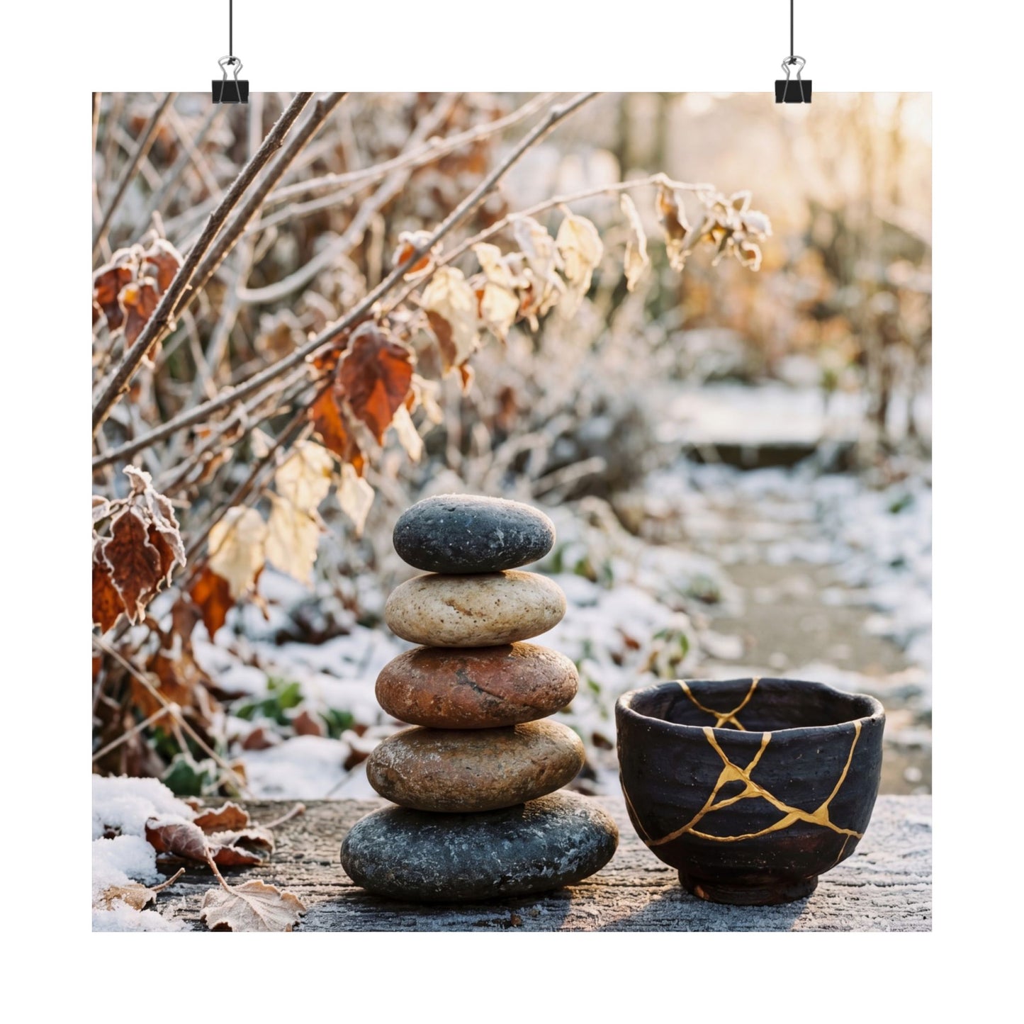 Winter River Stones Gold Repair Wall Art Print | Healing Decor