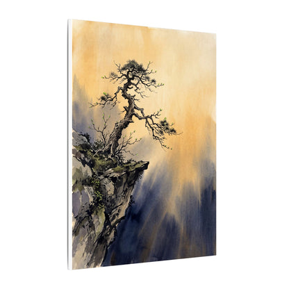 Zen Pine Tree in Golden Hour | Sumi E Canvas Art