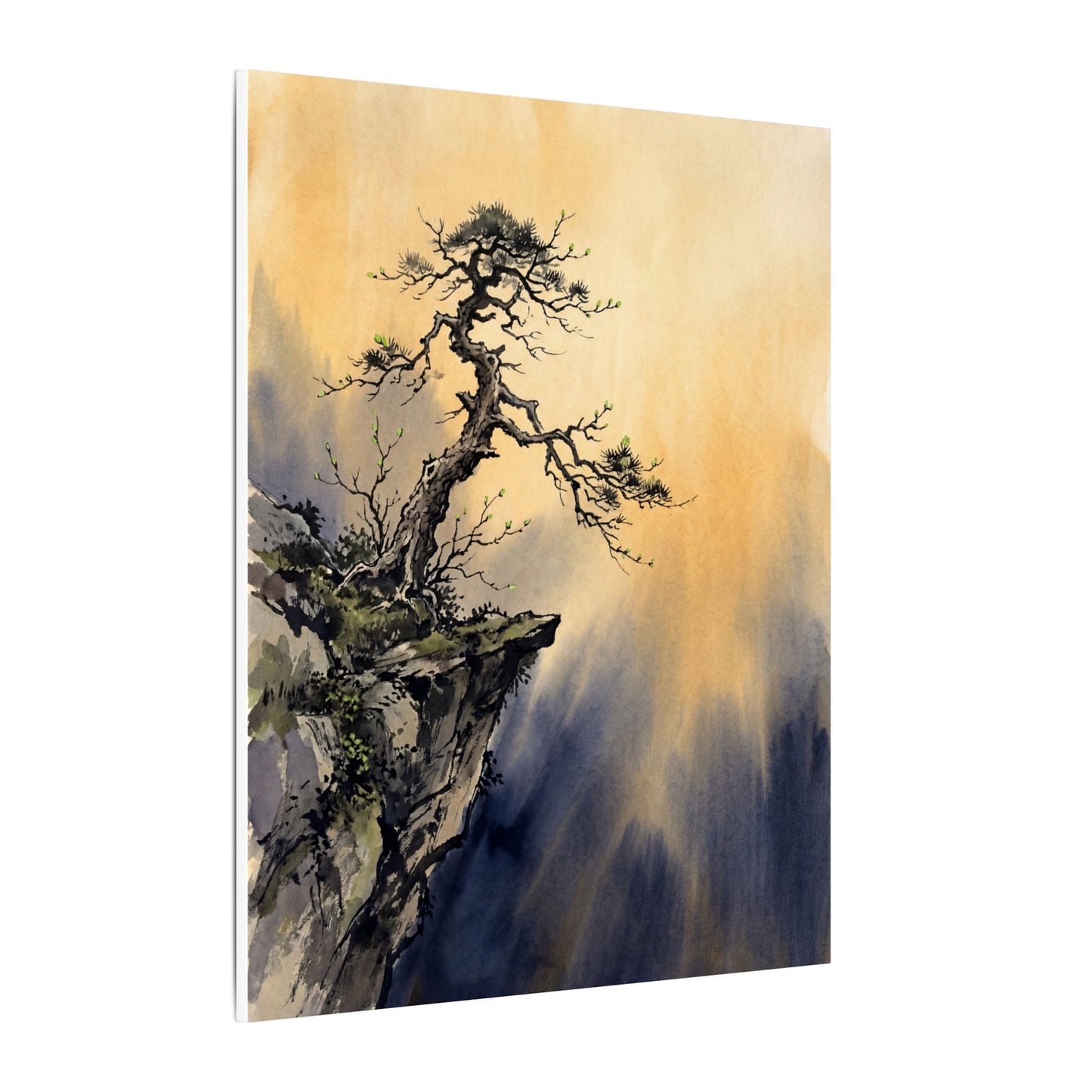Zen Pine Tree in Golden Hour | Sumi E Canvas Art
