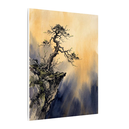 Zen Pine Tree in Golden Hour | Sumi E Canvas Art