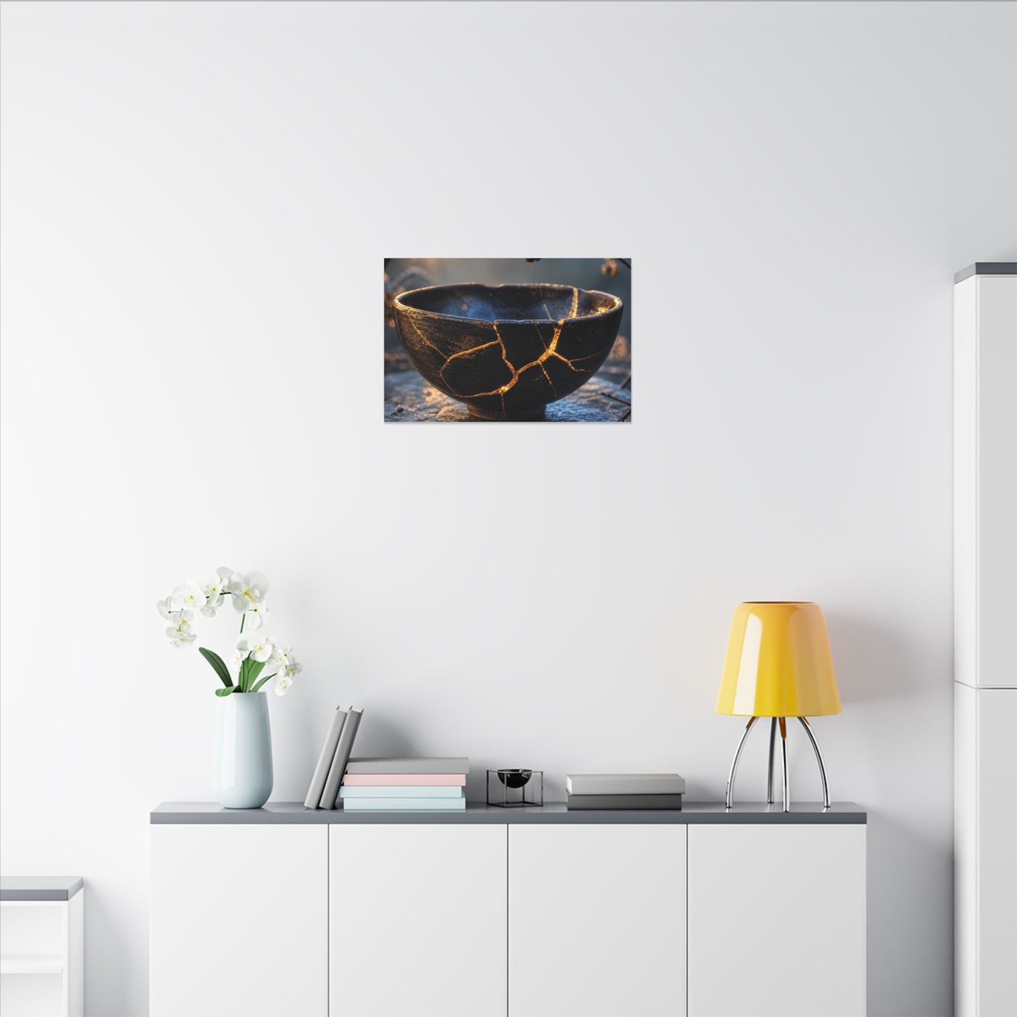 Ceramic Bowl Canvas Art | Winter Kintsugi Gold Repair Art
