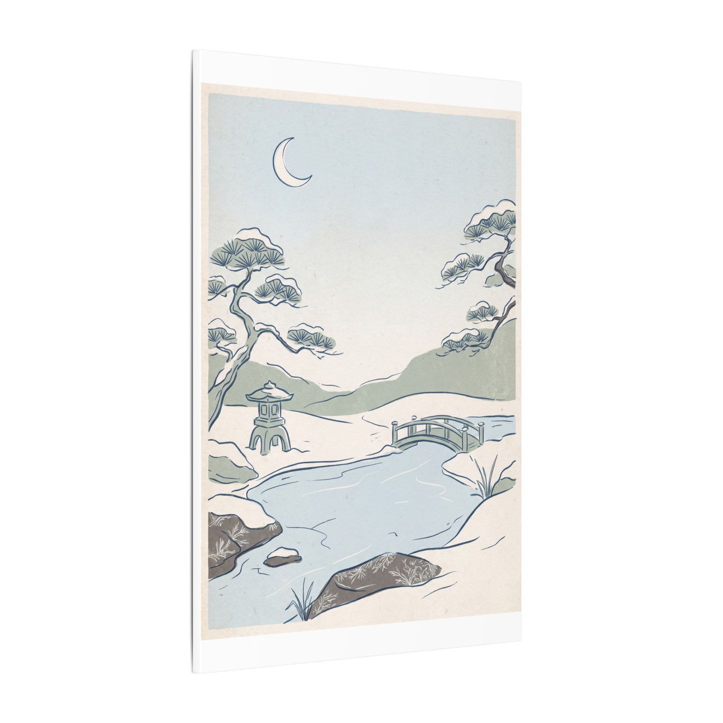 Japandi Moonlit Garden in Moonlight | Minimal Line Canvas Art