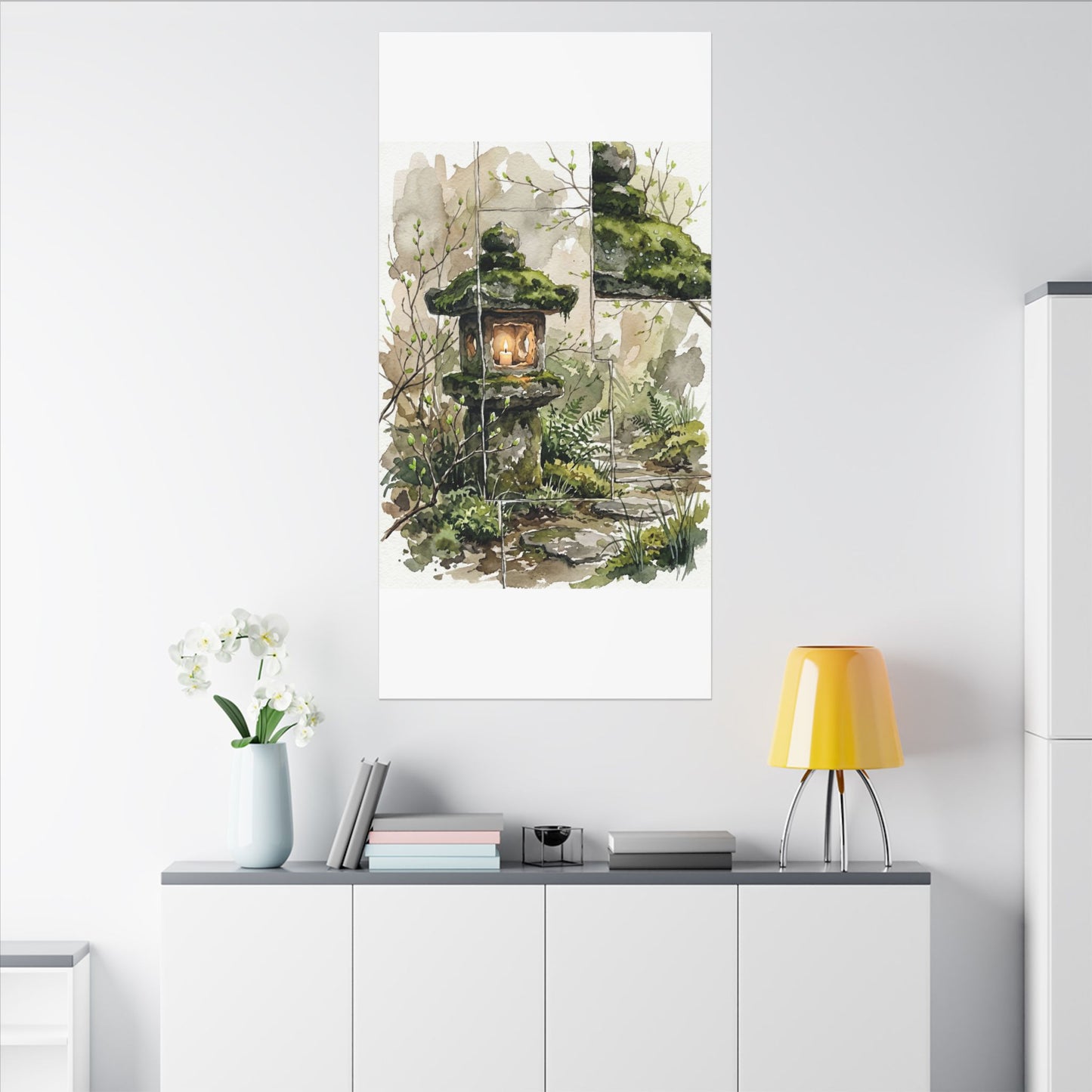 Stone Lantern Watercolor Canvas Art | Elegant Japandi Art