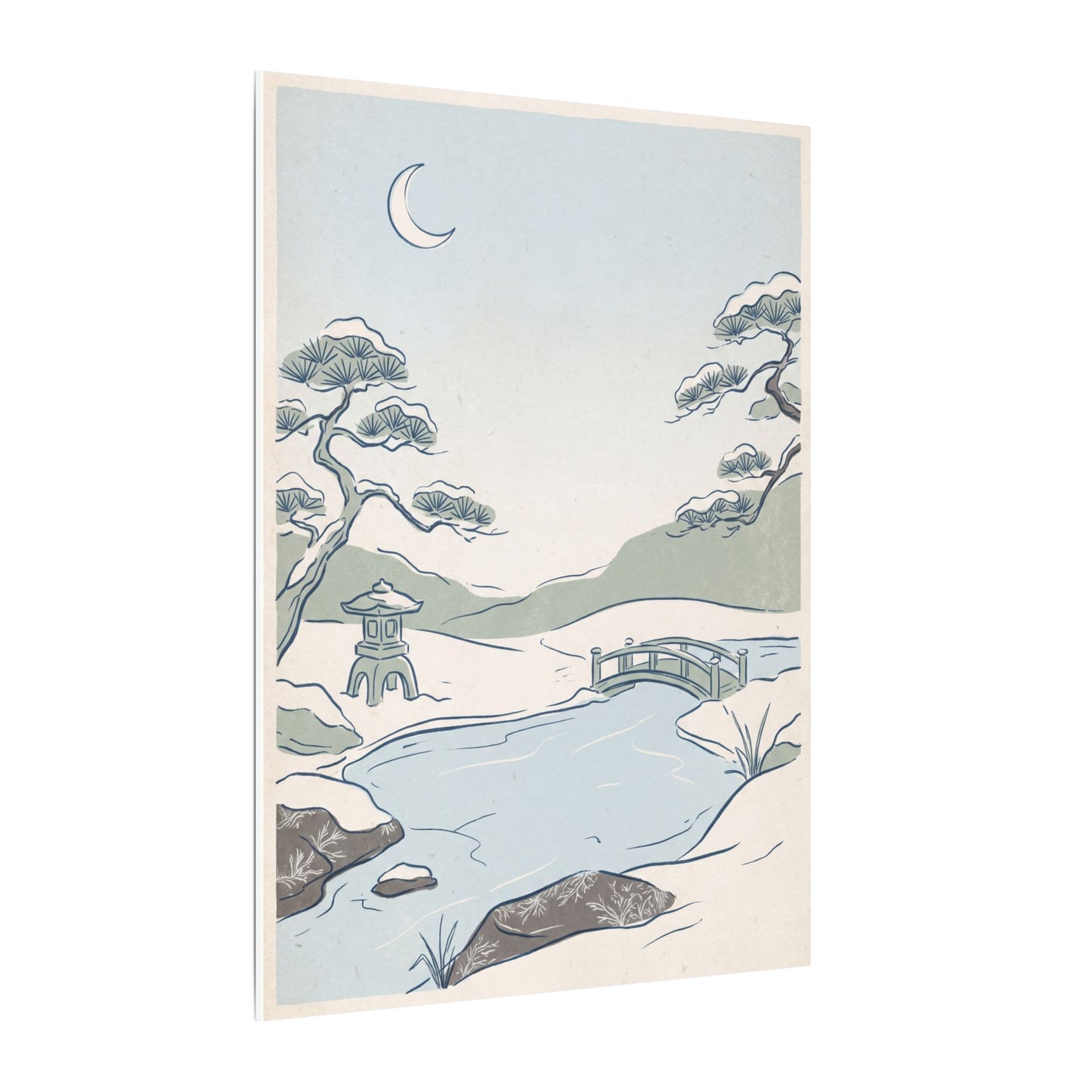 Japandi Moonlit Garden in Moonlight | Minimal Line Canvas Art