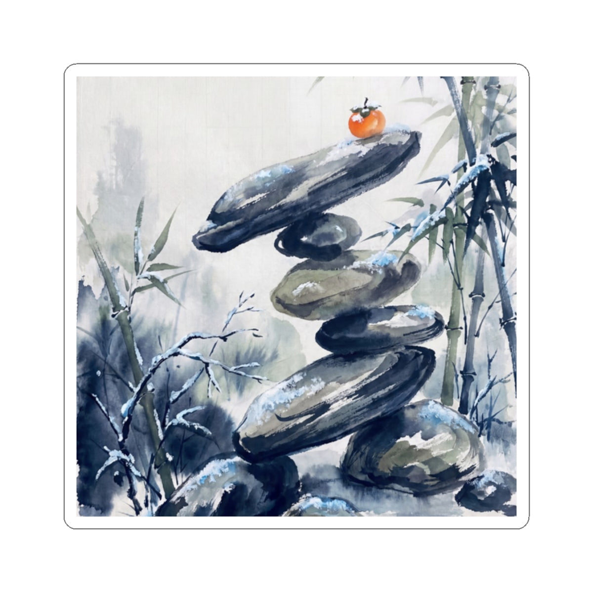 Zen River Stones in Moonlight | Sumi E Sticker Art Print