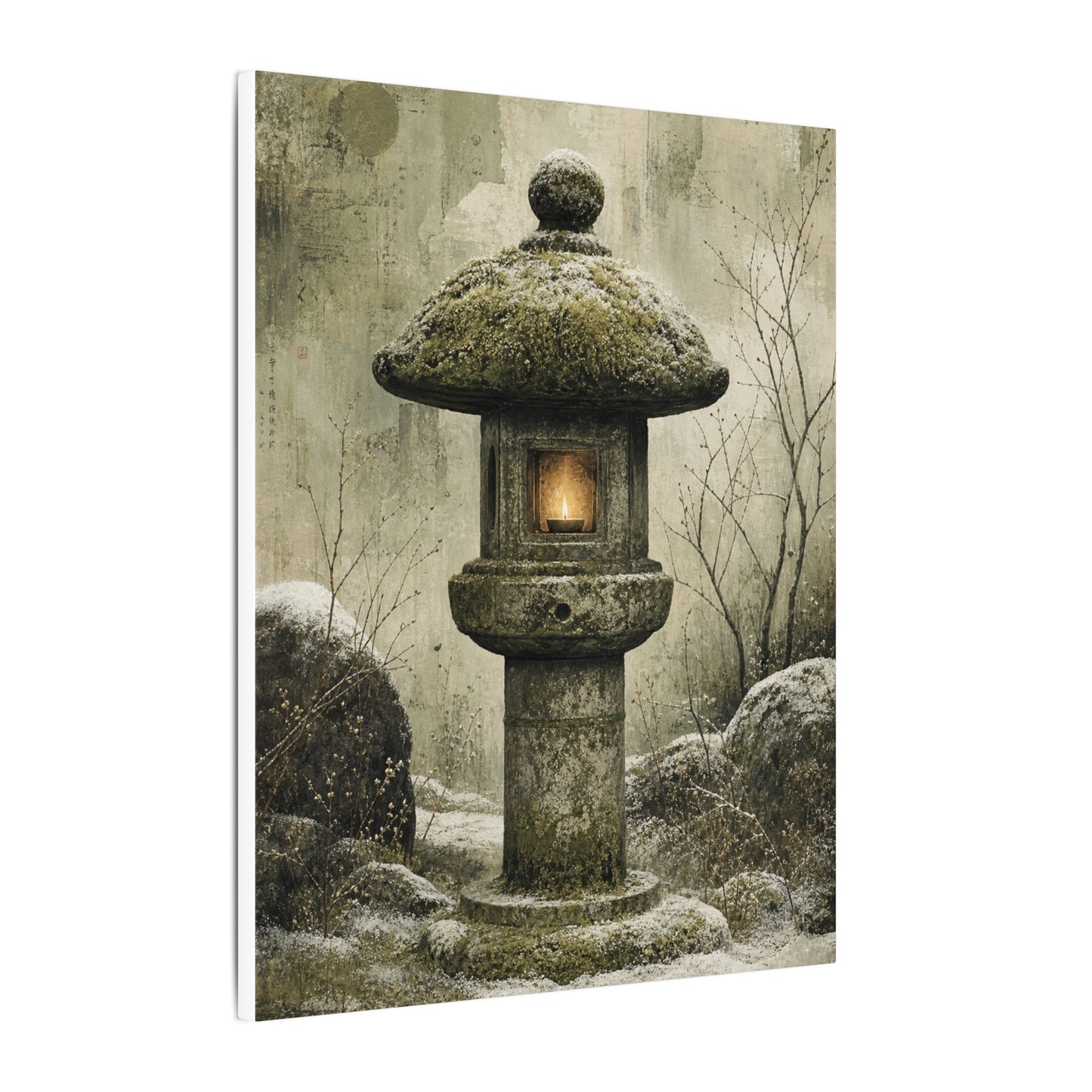 Stone Lantern Winter Canvas Art | Japandi Neutral Design