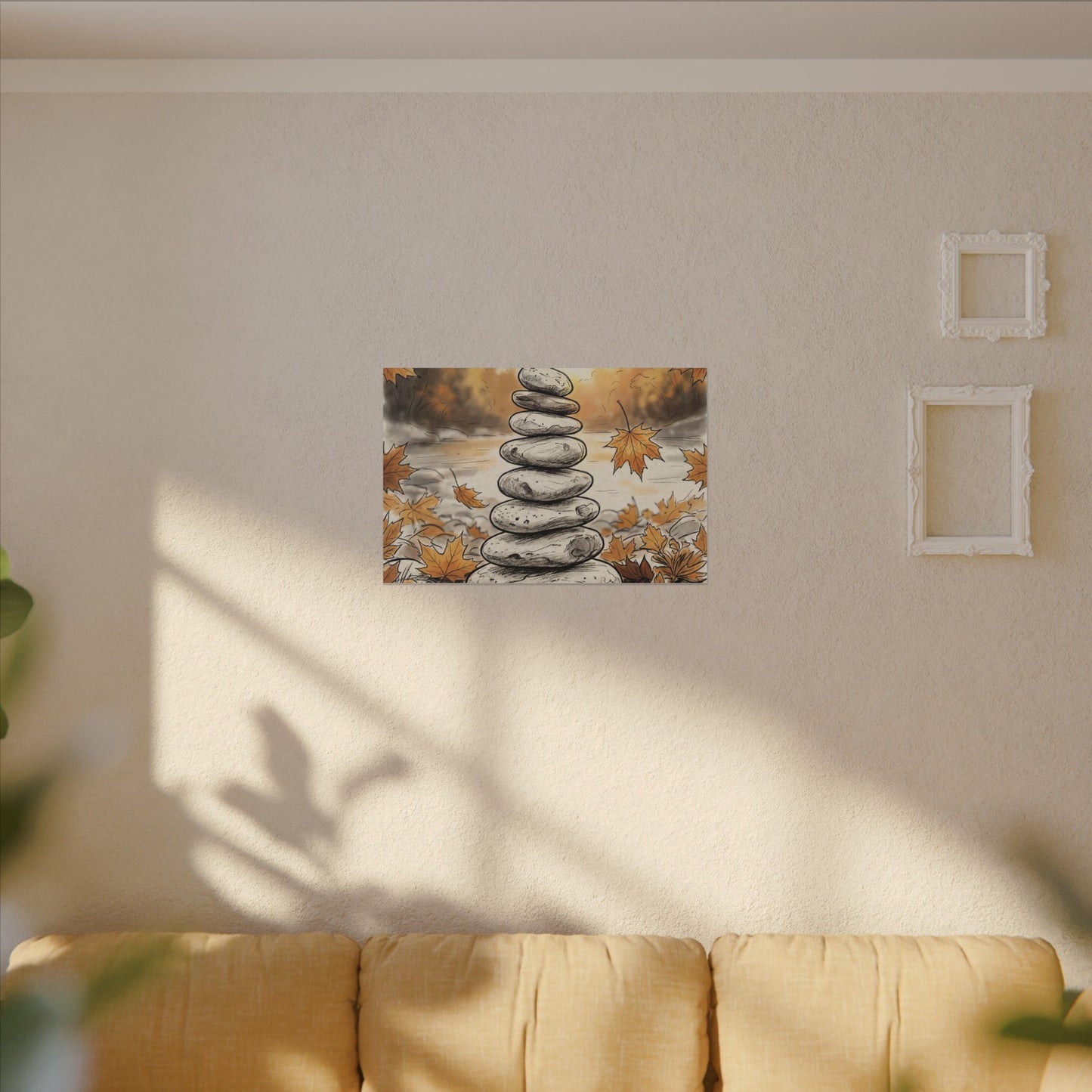 Earthy River Stones Canvas Art - Minimal Line Japandi