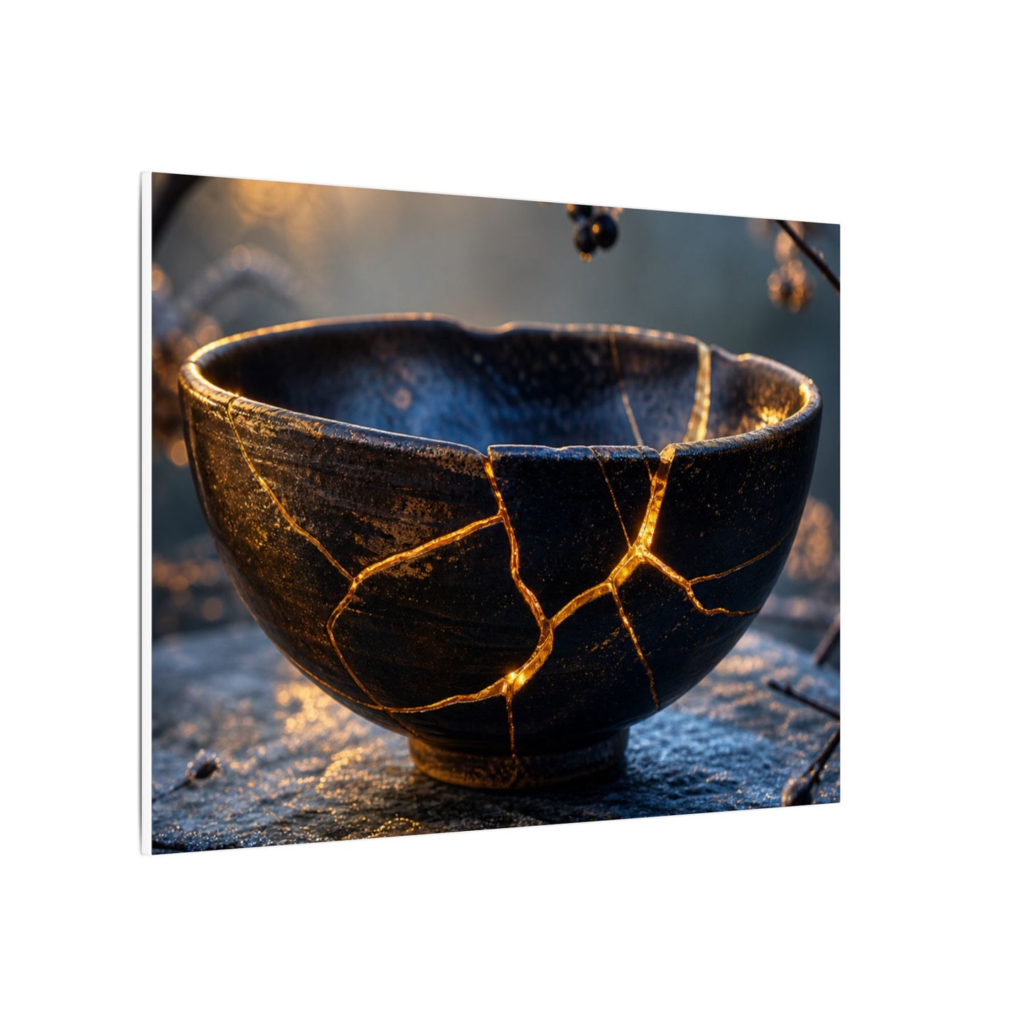 Ceramic Bowl Canvas Art | Winter Kintsugi Gold Repair Art