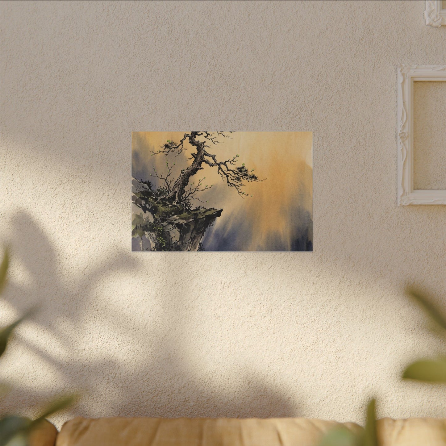 Zen Pine Tree in Golden Hour | Sumi E Canvas Art