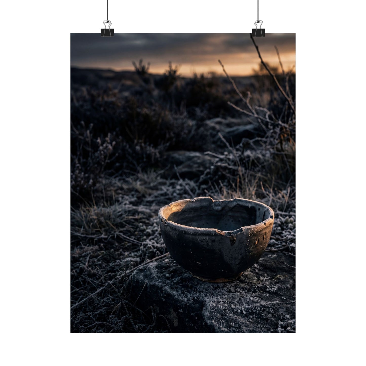 Dark Japandi Ceramic Bowl in Golden Hour | Dark Texture Wall Art Print
