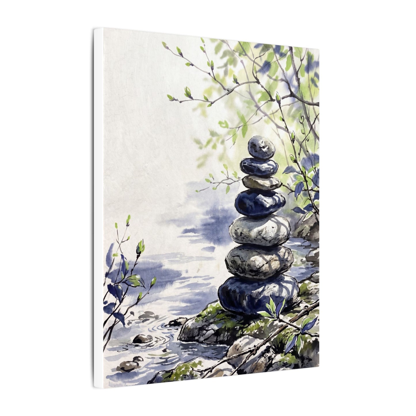 River Stones Sumi E Canvas Art | Serene Zen Art