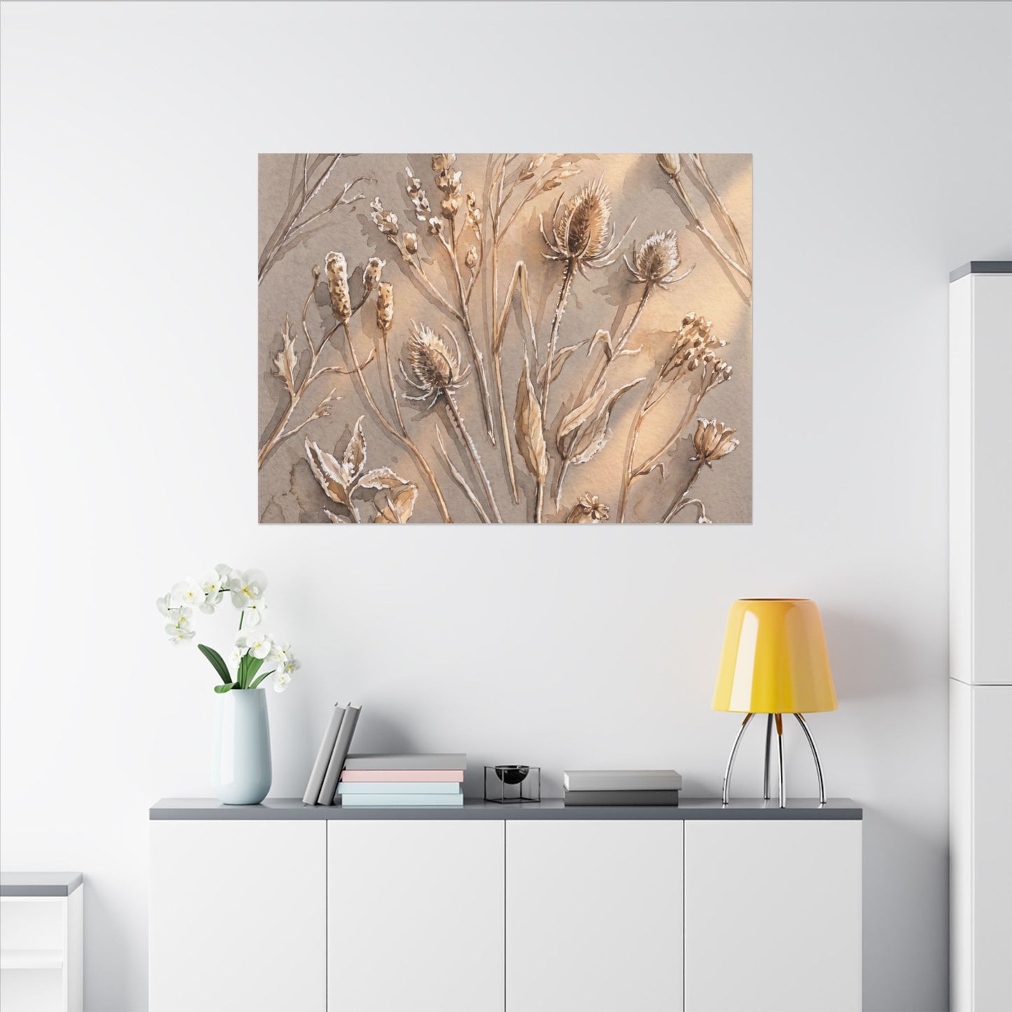 Japandi Dried Flowers in Golden Hour | Watercolor Canvas Art