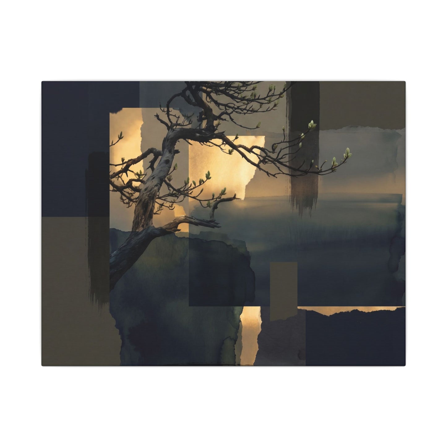 Golden Hour Pine Tree Canvas Art - Dark Japandi Kanso Art Print