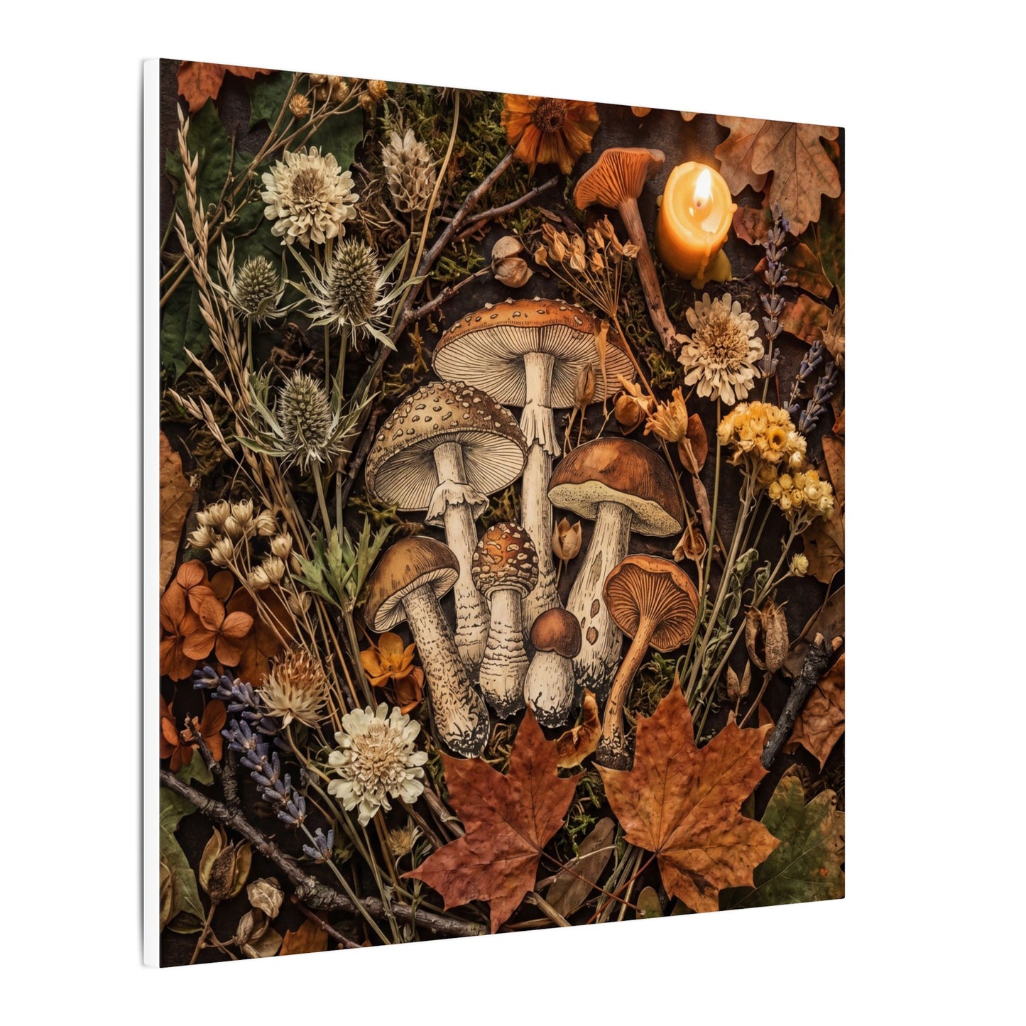 Autumn Dried Flowers Mushroom Illustration Canvas Art | Earthy Decor