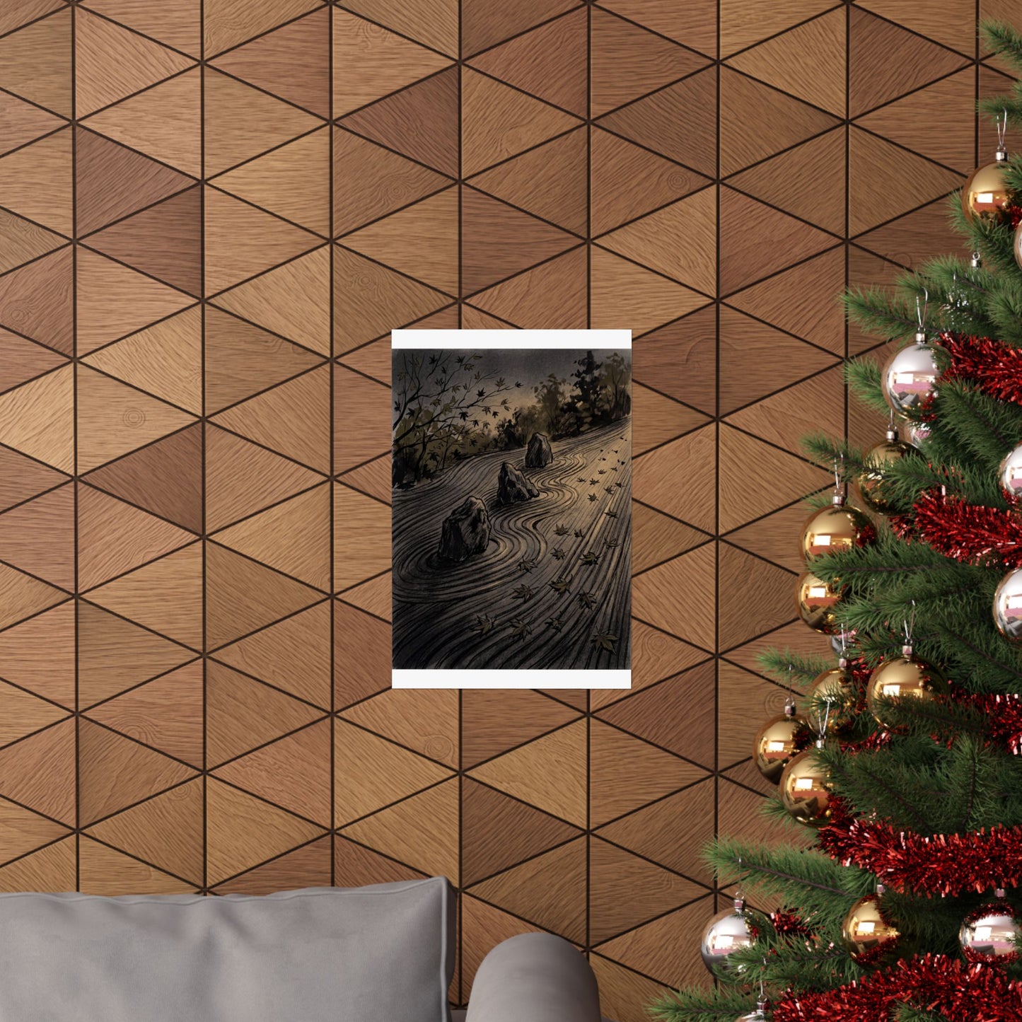Rock Garden Autumn Wall Art Print | Dark Japandi Sophisticated Design