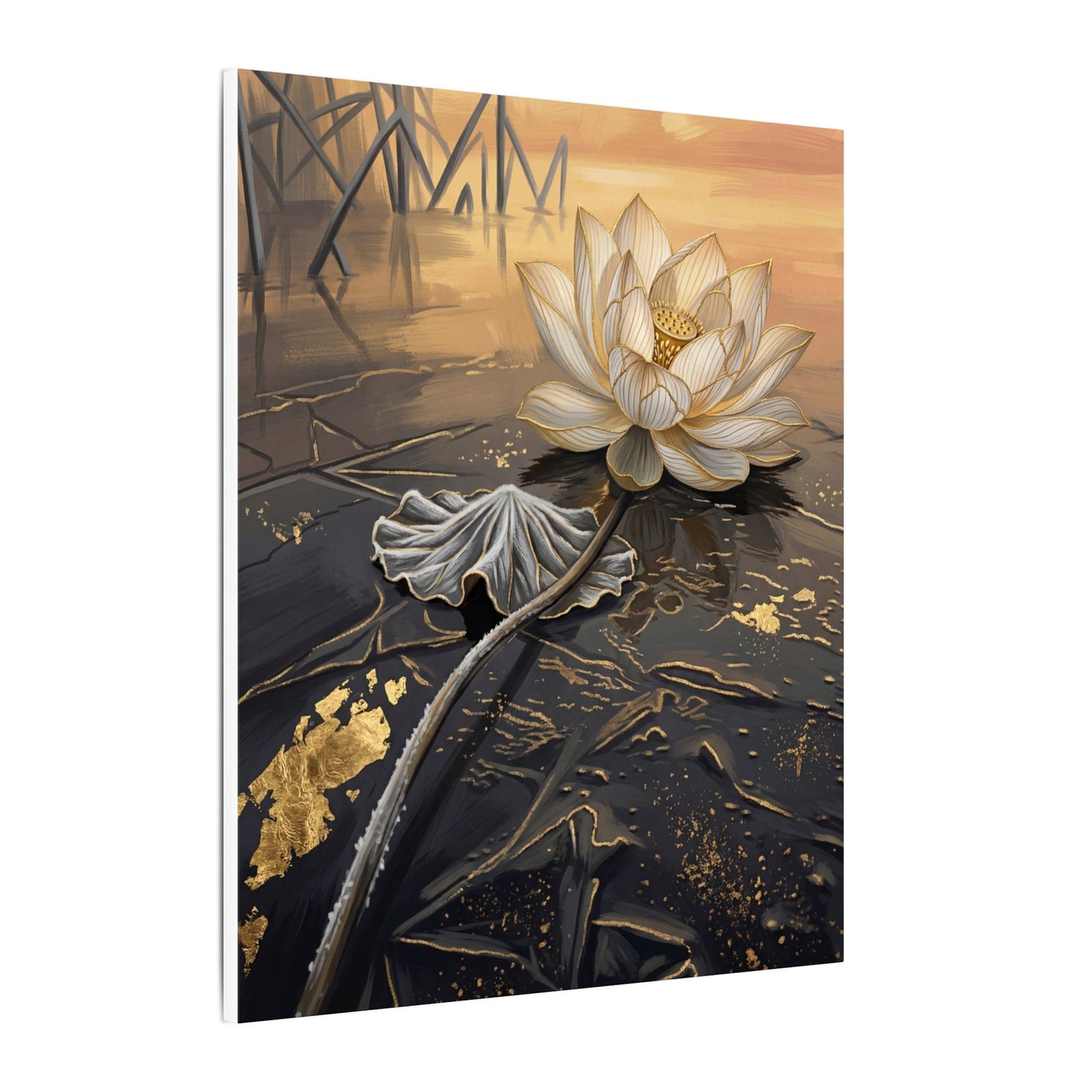 Kintsugi Lotus Flower in Golden Hour | Gold Vein Canvas Art