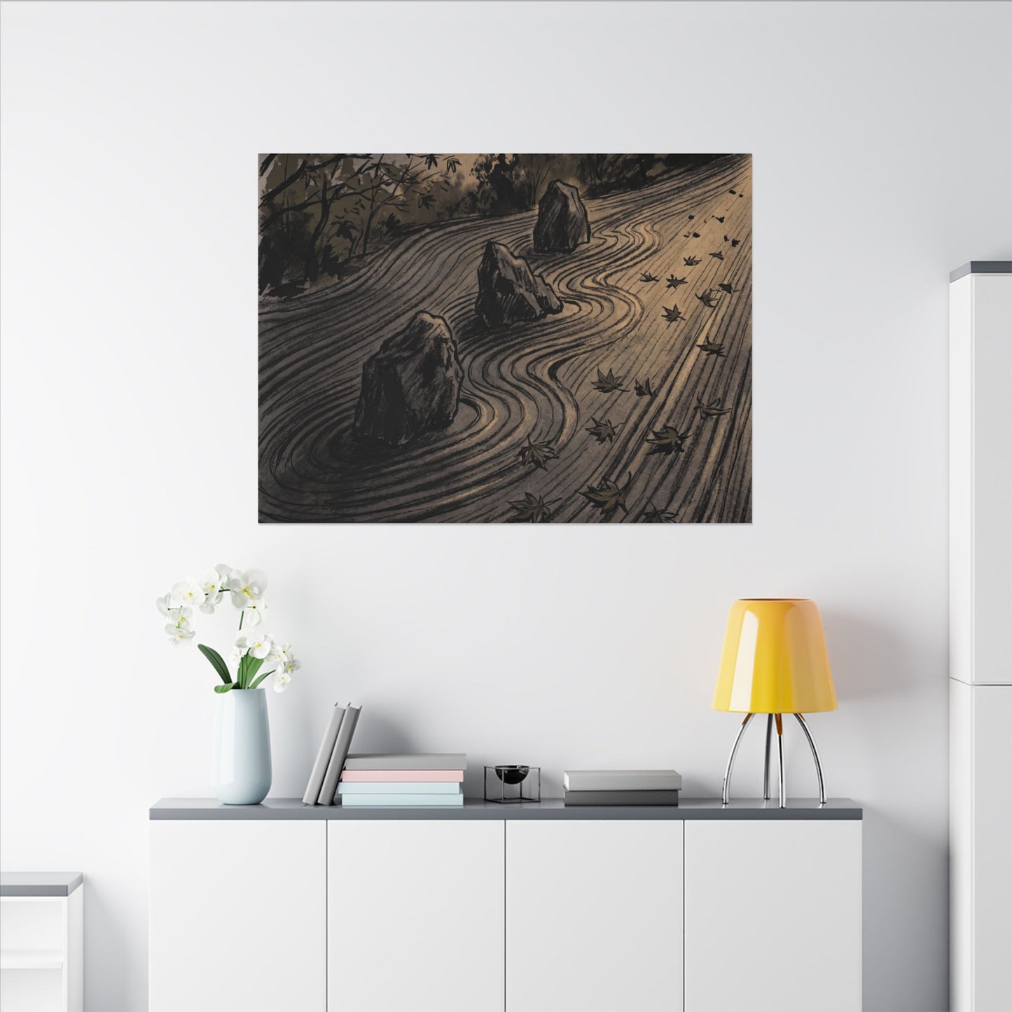 Rock Garden Canvas Art | Autumn Dark Japandi Charcoal Ink Art