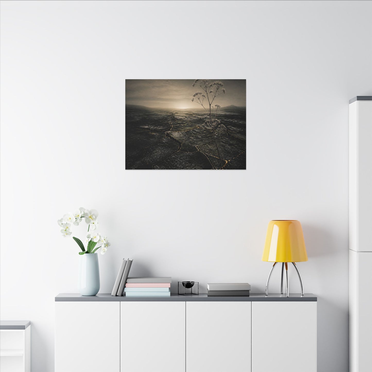 Dawn Cracked Earth Canvas Art - Dark Japandi Mono No Aware