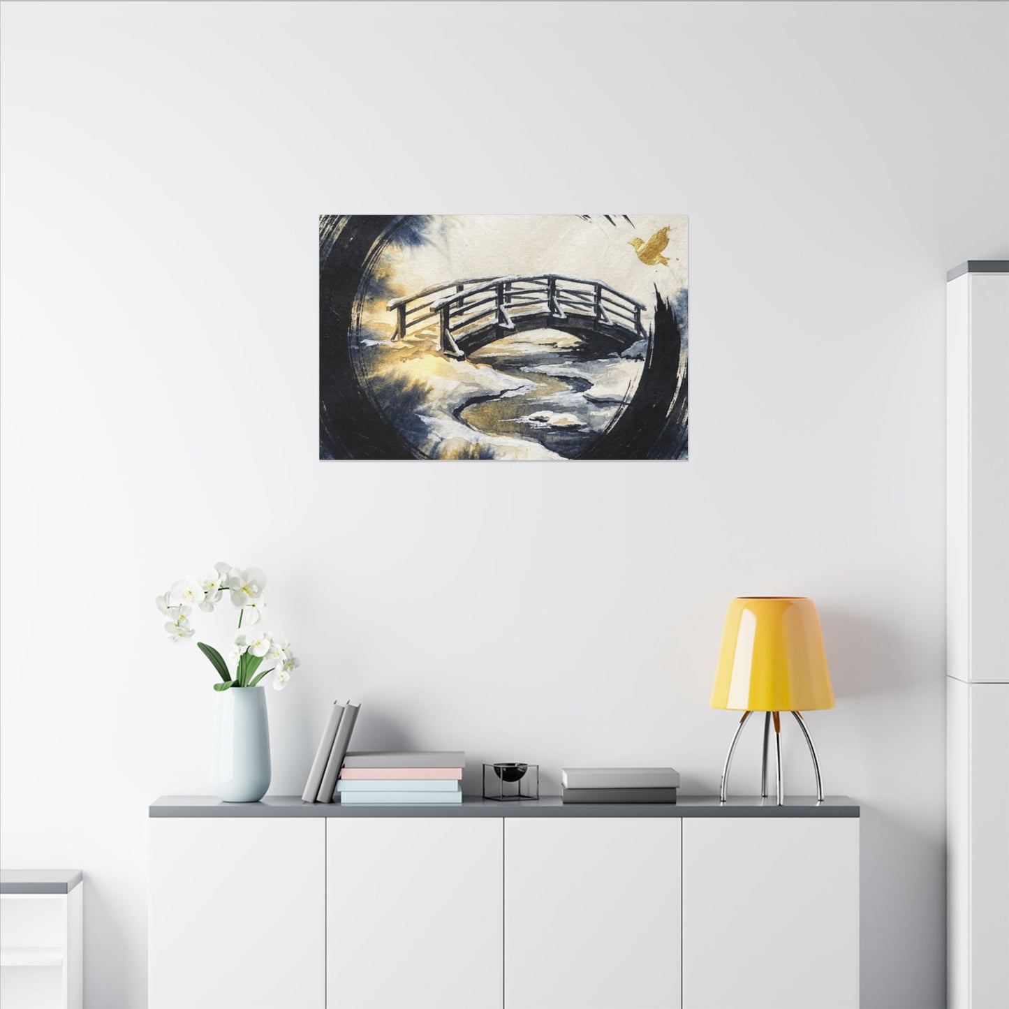 Winter Wooden Bridge Enso Canvas Art | Serene Decor