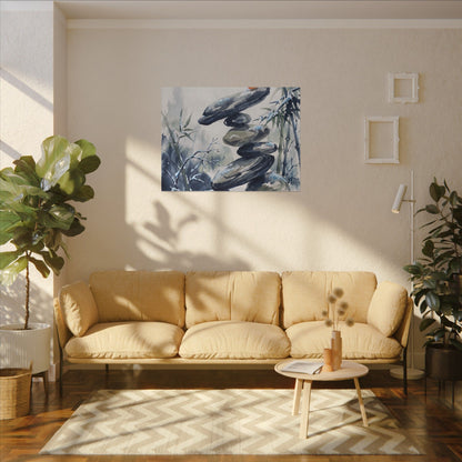 Zen River Stones in Moonlight | Sumi E Canvas Art