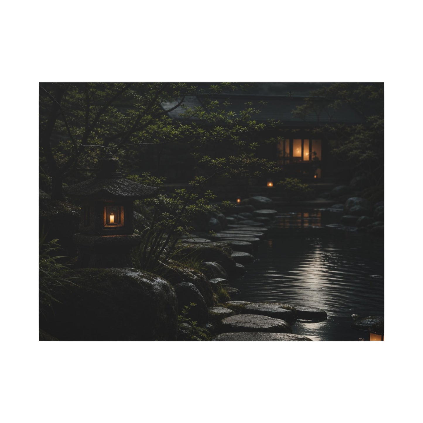 Moonlit Garden Shadow Zen Canvas Art | Sophisticated Dark Japandi Art