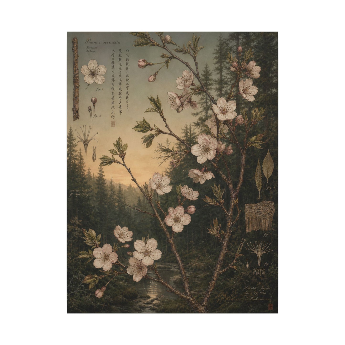 Spring Cherry Blossom Herbarium Canvas Art | Nostalgic Decor
