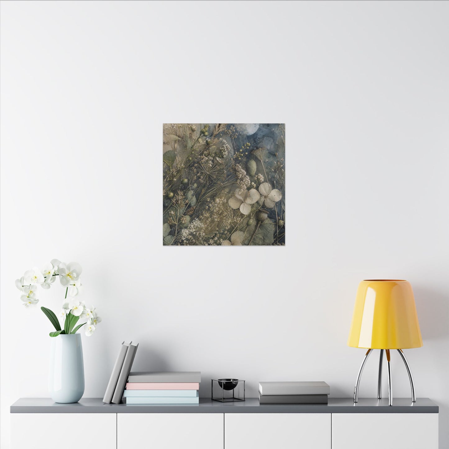 Japandi Dried Flowers in Moonlight | Watercolor Canvas Art