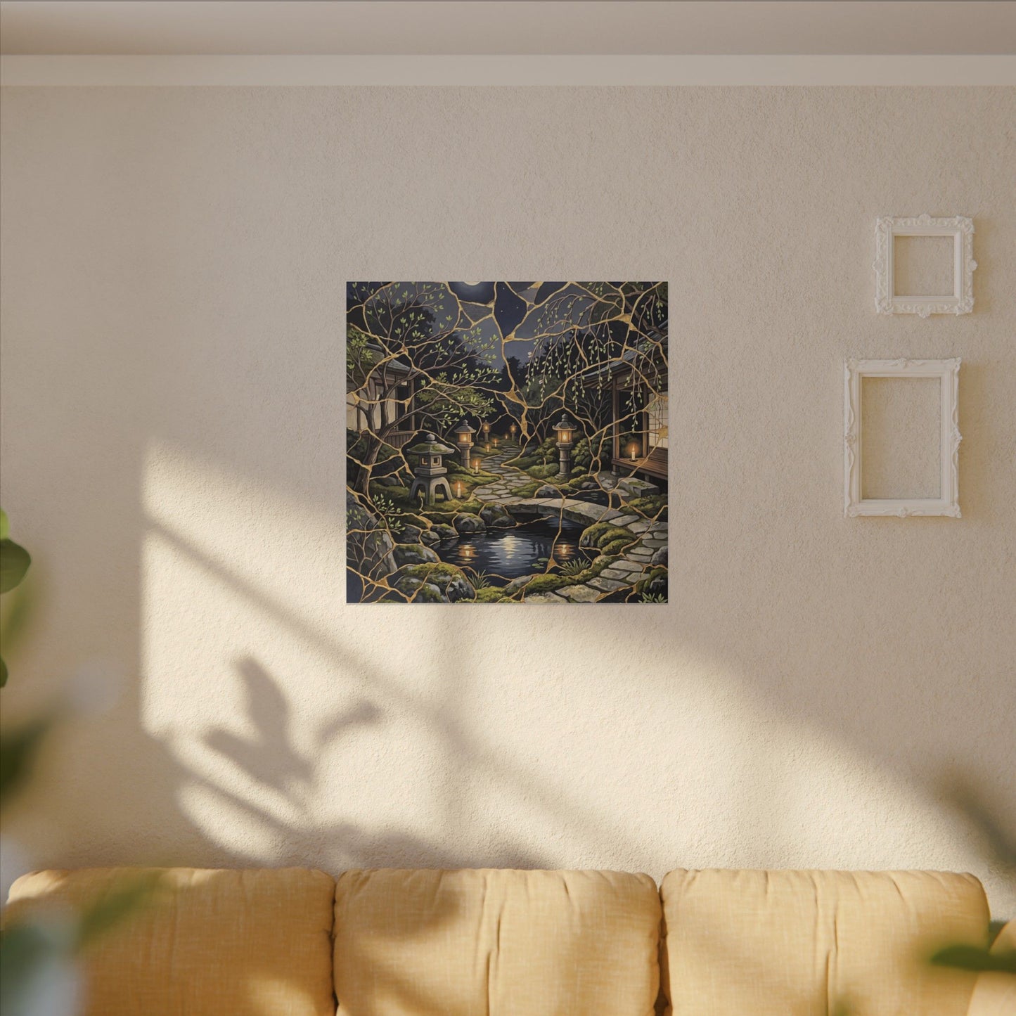 Kintsugi Moonlit Garden in Candlelight | Gold Vein Canvas Art