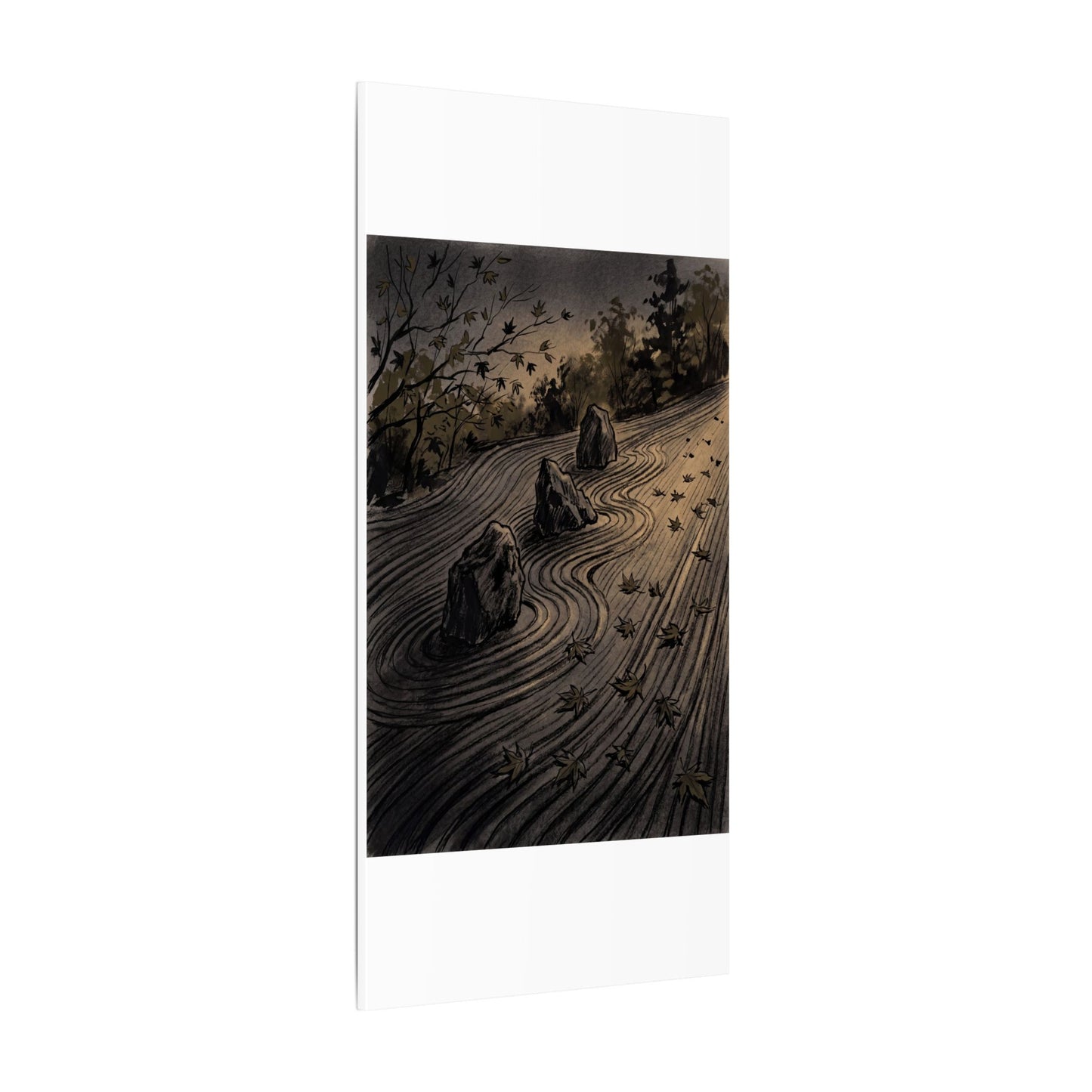 Rock Garden Canvas Art | Autumn Dark Japandi Charcoal Ink Art