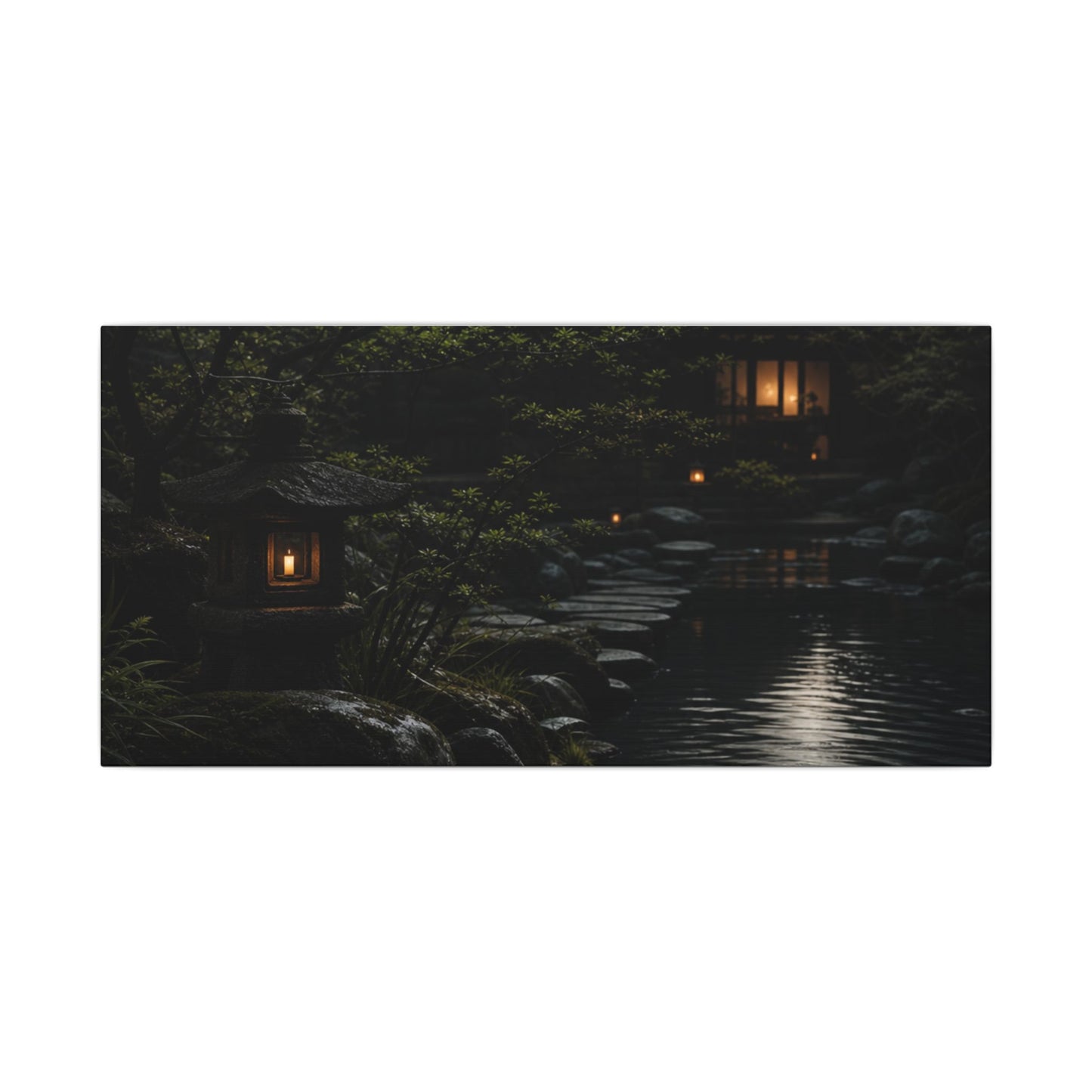 Moonlit Garden Shadow Zen Canvas Art | Sophisticated Dark Japandi Art