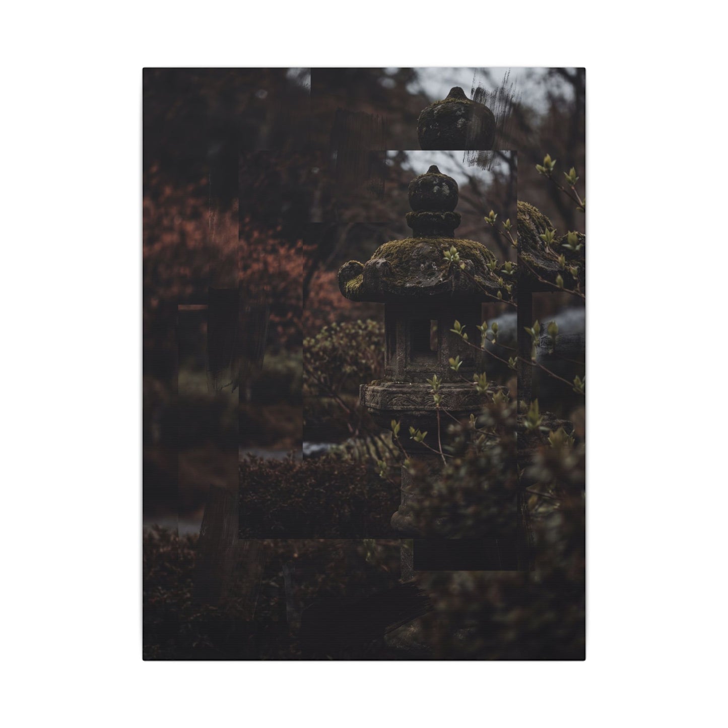 Stone Lantern Spring Canvas Art | Dark Japandi Bold Design