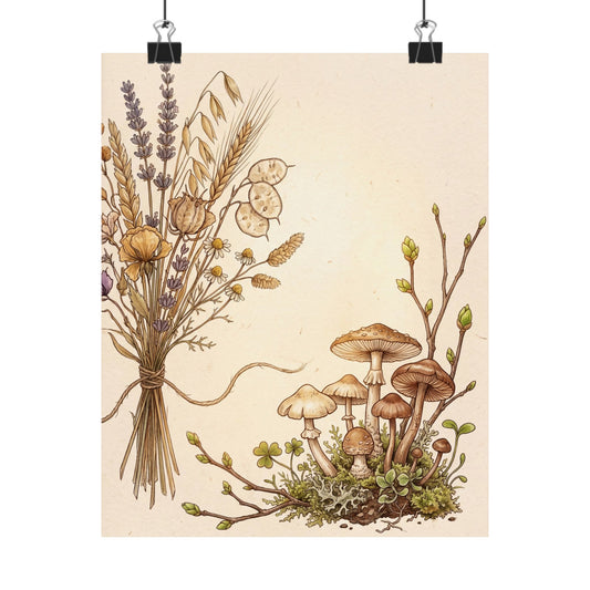 Cozy Dried Flowers Wall Art Print - Mushroom Illustration Cottagecore